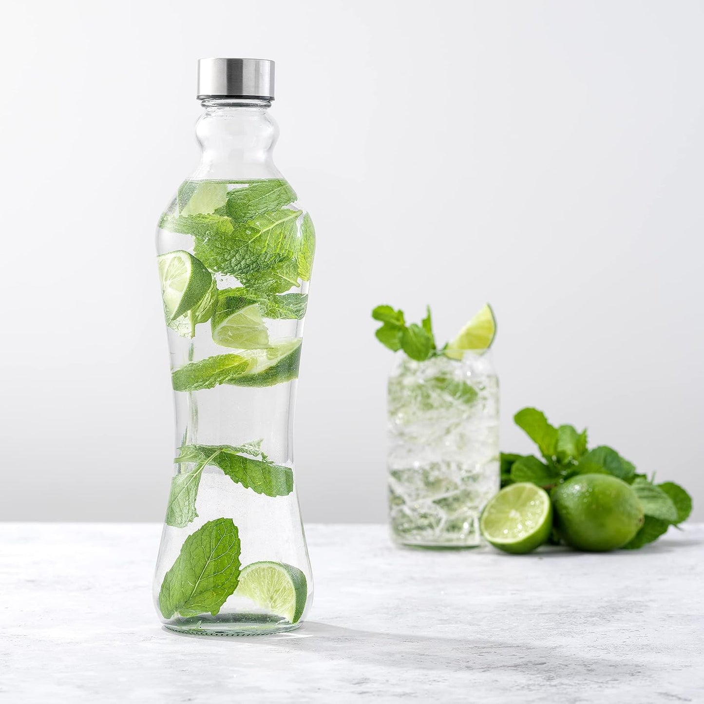 Clear Glass Water Bottles with Stainless Steel Lids - 2 Pack, 32 oz Leakproof Seal, 1 Liter Capacity for Juicing and Iced Tea