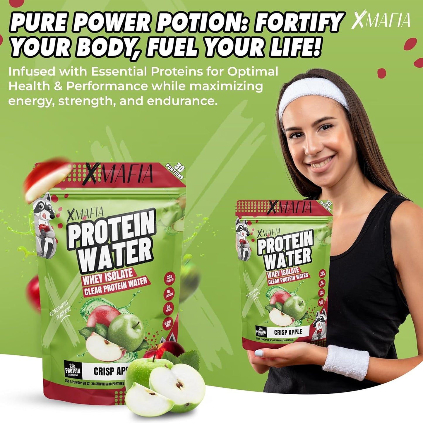 Clear Protein Powder XMafia - Apple Iso Juice Protein Water - 30 Servings, 20g Protein, Keto-Friendly Whey Isolate Hydrator - Post-Workout Drink