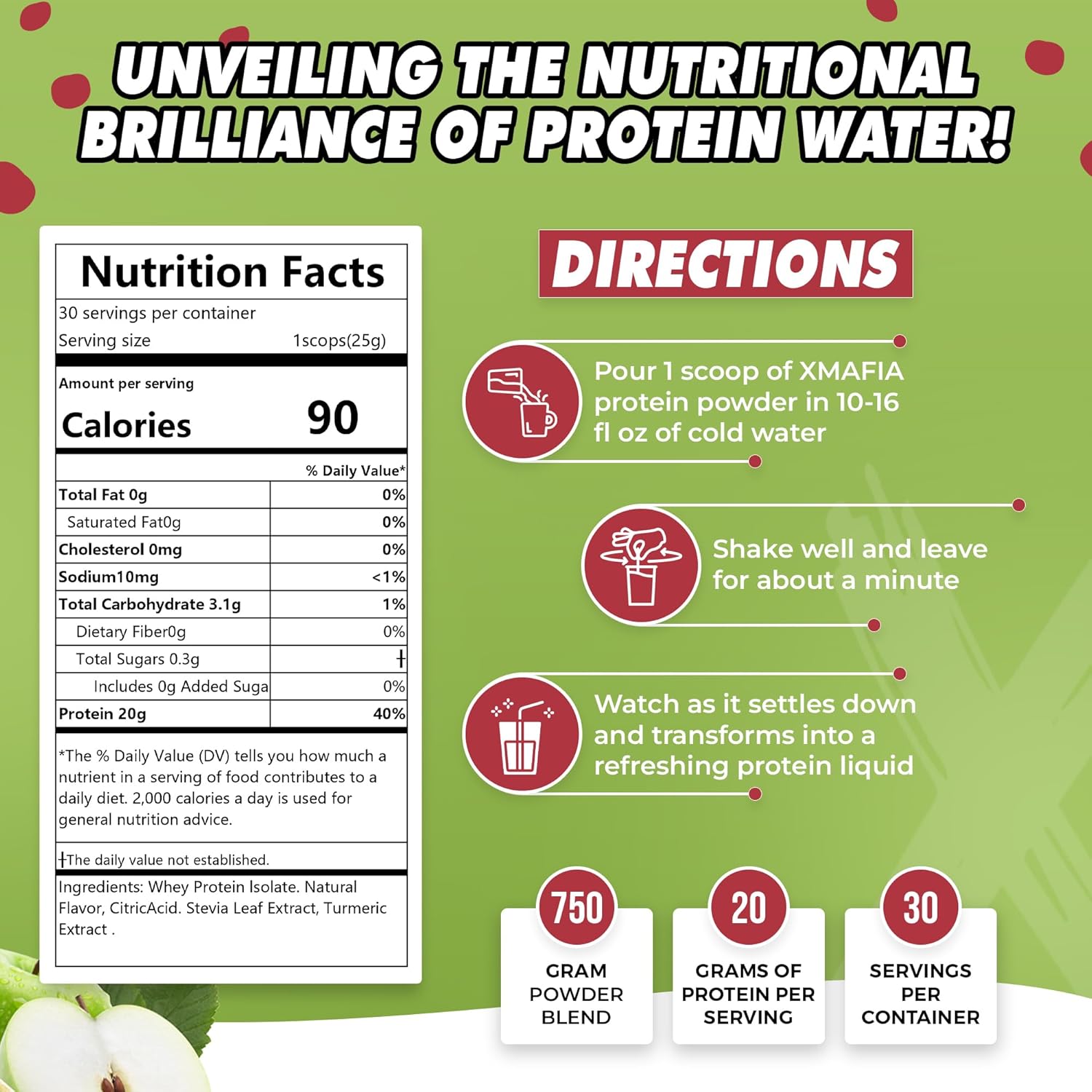 Clear Protein Powder XMafia - Apple Iso Juice Protein Water - 30 Servings, 20g Protein, Keto-Friendly Whey Isolate Hydrator - Post-Workout Drink