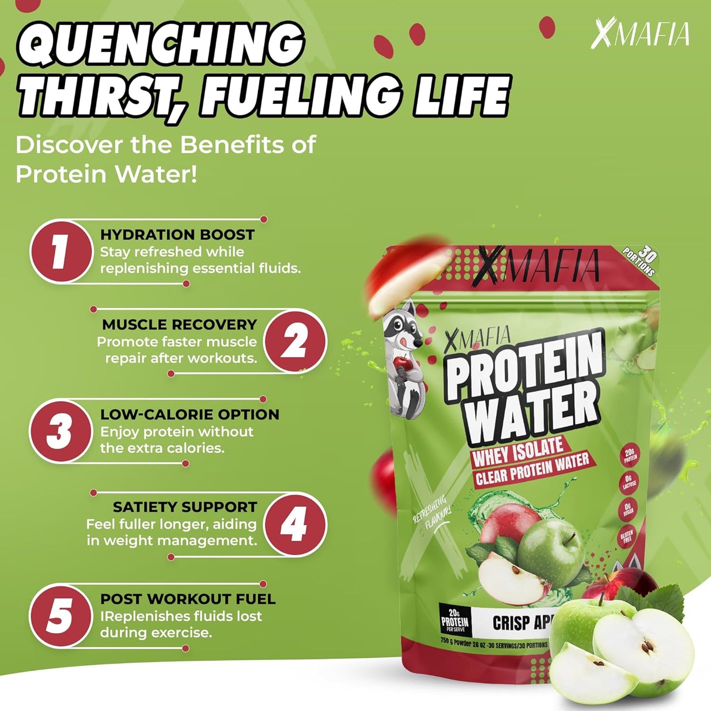 Clear Protein Powder XMafia - Apple Iso Juice Protein Water - 30 Servings, 20g Protein, Keto-Friendly Whey Isolate Hydrator - Post-Workout Drink