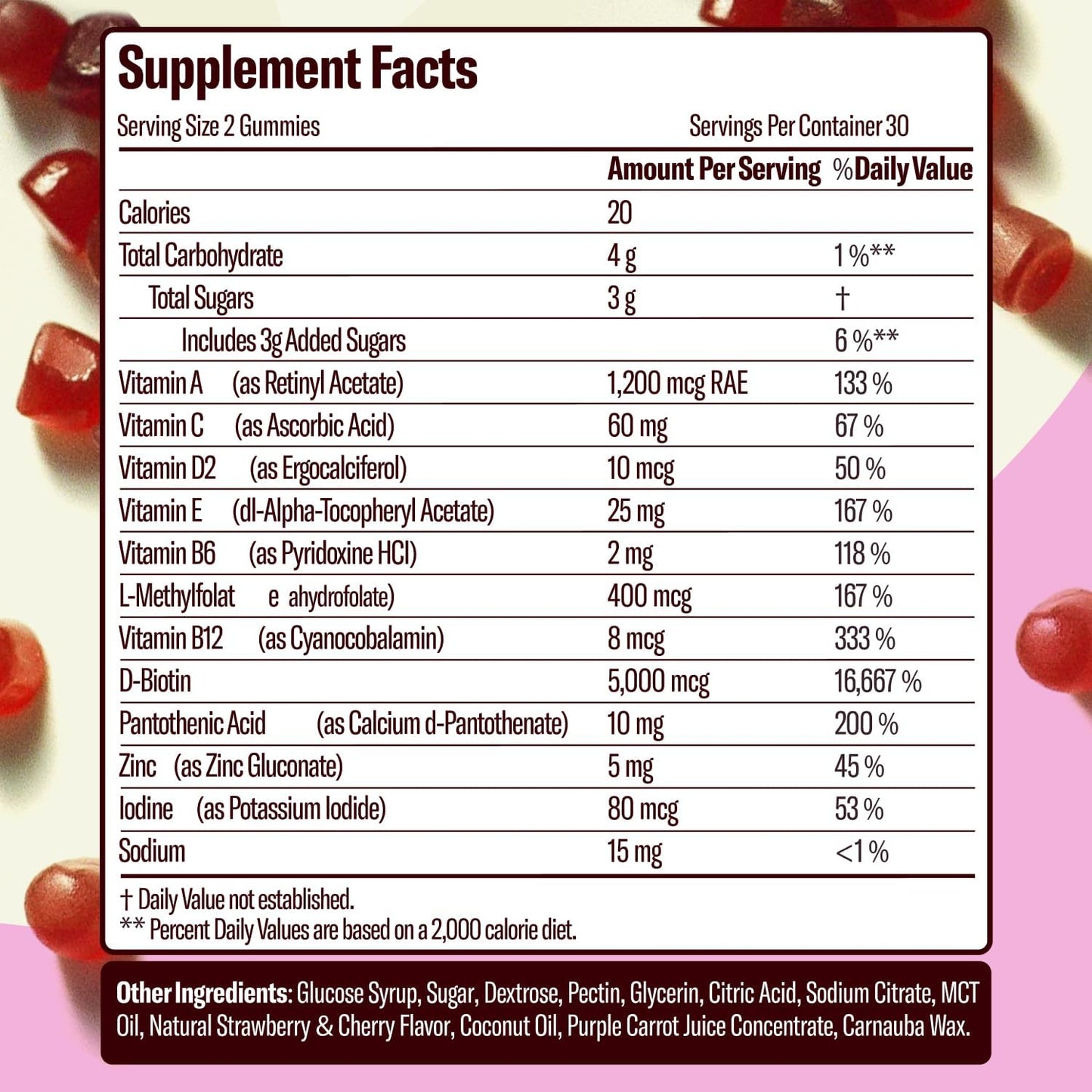 Clear Skin, Healthy Hair & Nails Gummies with Retinol, Biotin, and Zinc | Vitamins A, E, C | Non-GMO, Gluten-Free, Cherry Flavor | 60 Count