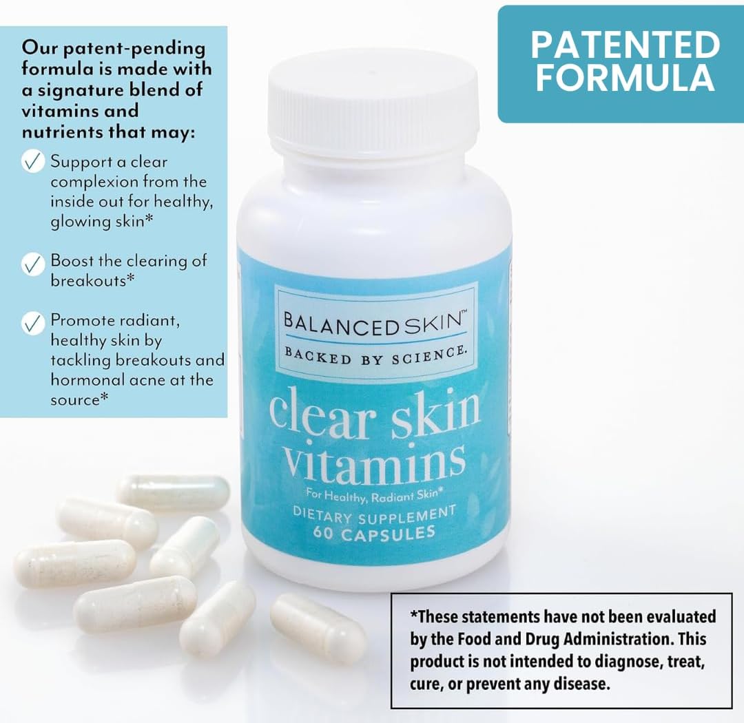 Clear Skin Vitamins for Hormonal & Cystic Acne Control - Dermatologist Developed Supplement for Healthy Glowing Skin in Women & Men