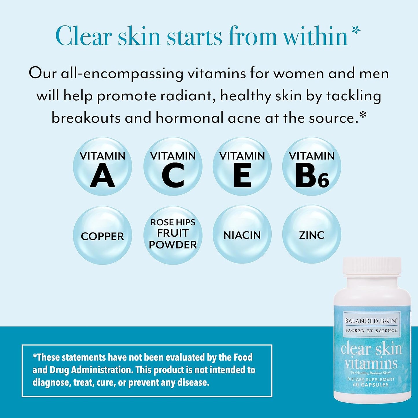 Clear Skin Vitamins for Hormonal & Cystic Acne Control - Dermatologist Developed Supplement for Healthy Glowing Skin in Women & Men