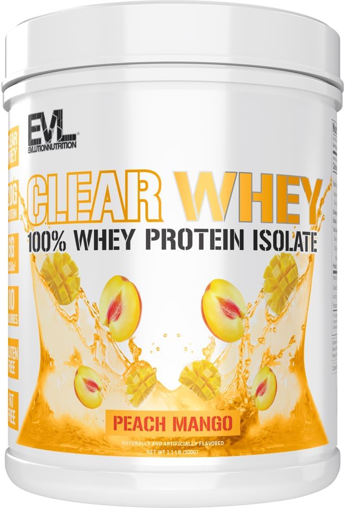 Clear Whey Protein Isolate by Evlution Nutrition - 20g per Serving - Peach Mango Flavor - Gluten & Fat Free - Muscle Growth & Recovery - Fast Absorption - 1.1lb