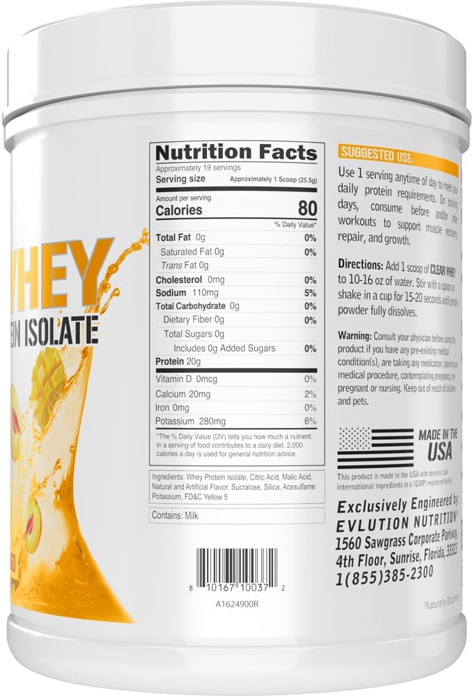 Clear Whey Protein Isolate by Evlution Nutrition - 20g per Serving - Peach Mango Flavor - Gluten & Fat Free - Muscle Growth & Recovery - Fast Absorption - 1.1lb