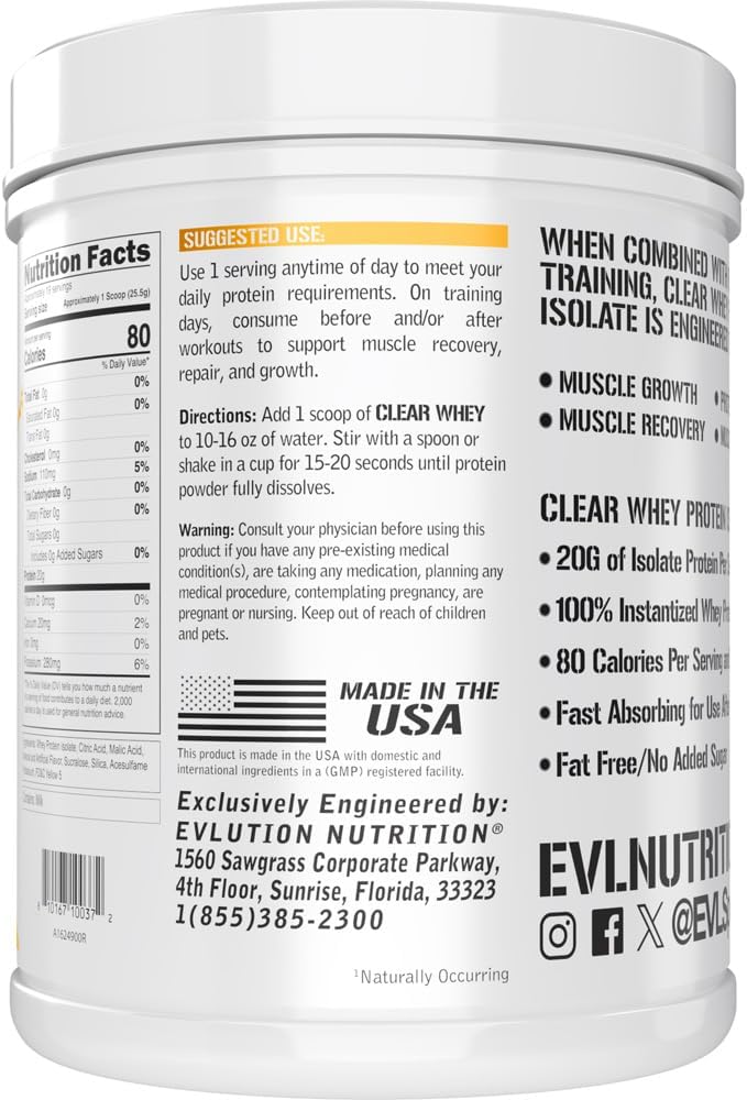 Clear Whey Protein Isolate by Evlution Nutrition - 20g per Serving - Peach Mango Flavor - Gluten & Fat Free - Muscle Growth & Recovery - Fast Absorption - 1.1lb
