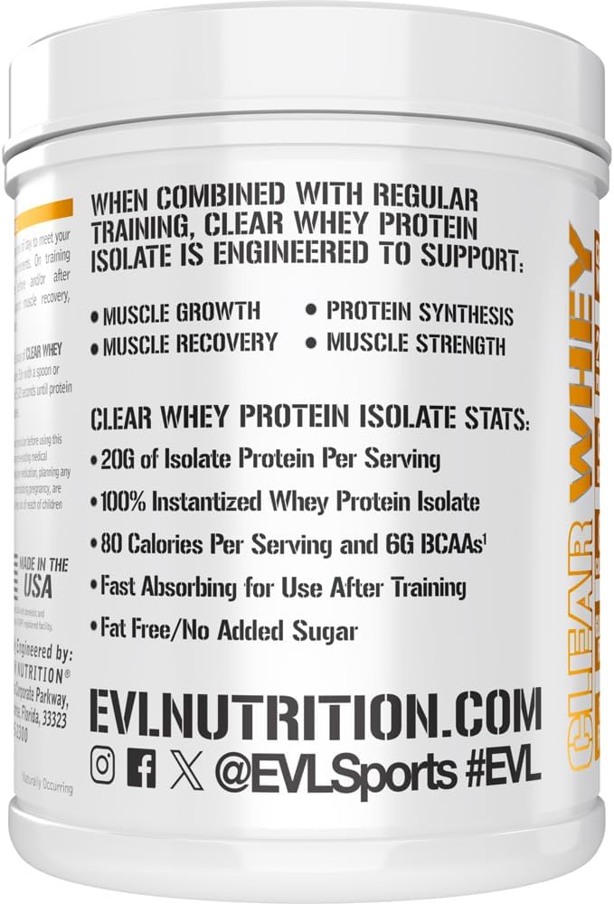 Clear Whey Protein Isolate by Evlution Nutrition - 20g per Serving - Peach Mango Flavor - Gluten & Fat Free - Muscle Growth & Recovery - Fast Absorption - 1.1lb