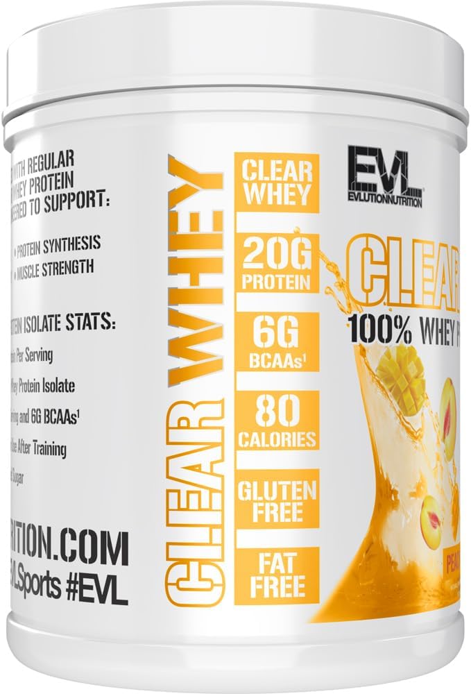 Clear Whey Protein Isolate by Evlution Nutrition - 20g per Serving - Peach Mango Flavor - Gluten & Fat Free - Muscle Growth & Recovery - Fast Absorption - 1.1lb