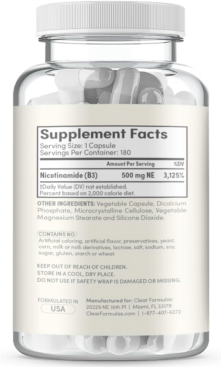 ClearFormulas Nicotinamide 500mg - 180 Vegetarian Capsules, High Potency Vitamin B3 Supplement