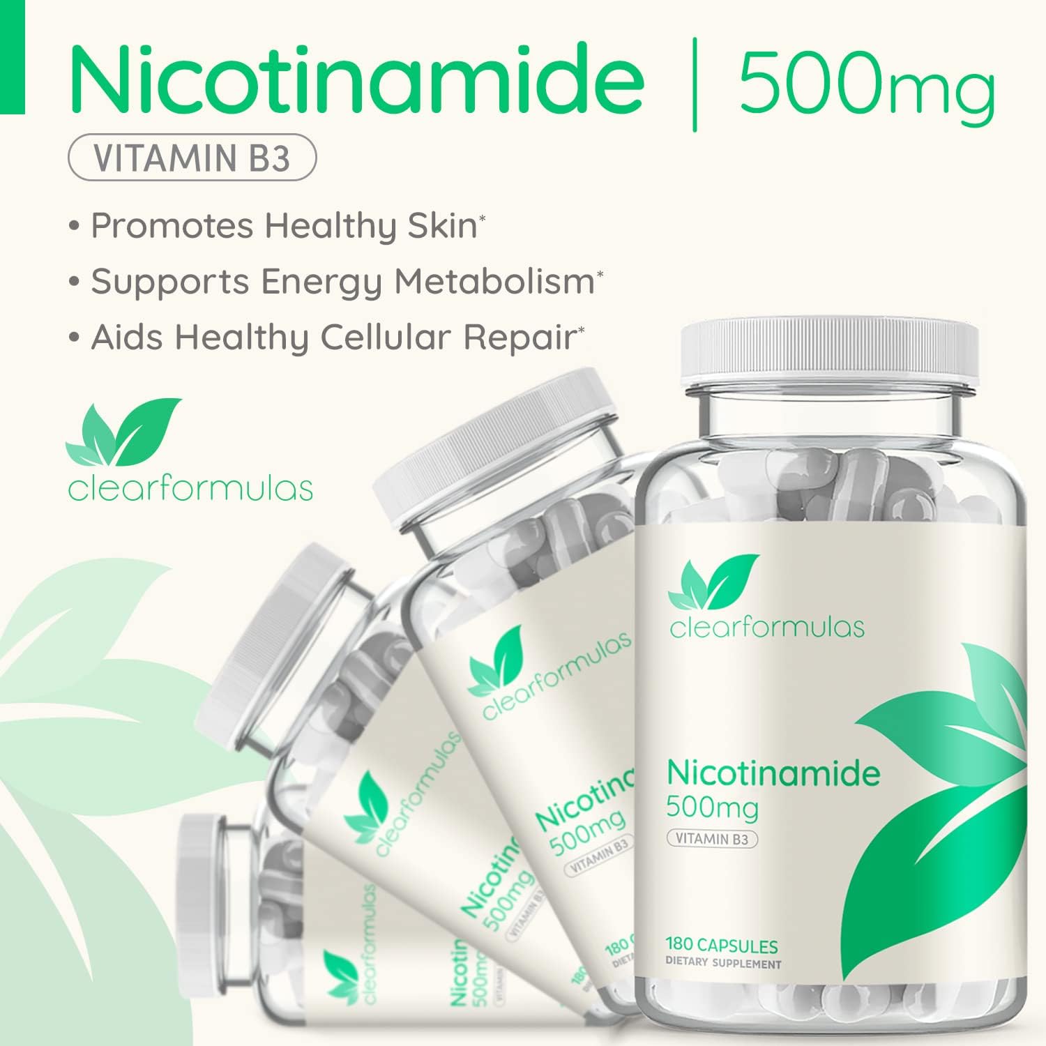 ClearFormulas Nicotinamide 500mg - 180 Vegetarian Capsules, High Potency Vitamin B3 Supplement