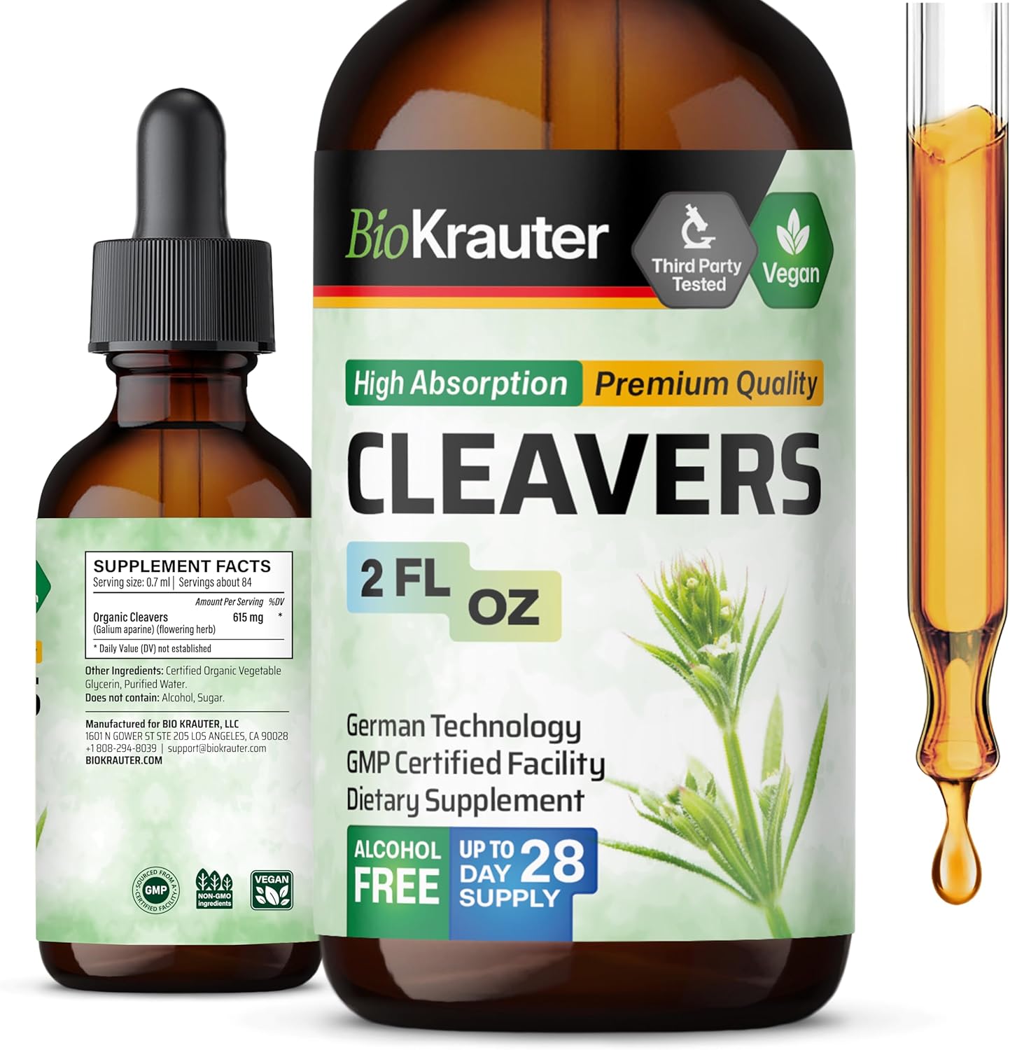 Cleavers Herb Liquid Extract - Natural Detox Tincture - Vegan, Alcohol & Sugar Free - 2 Fl.Oz.