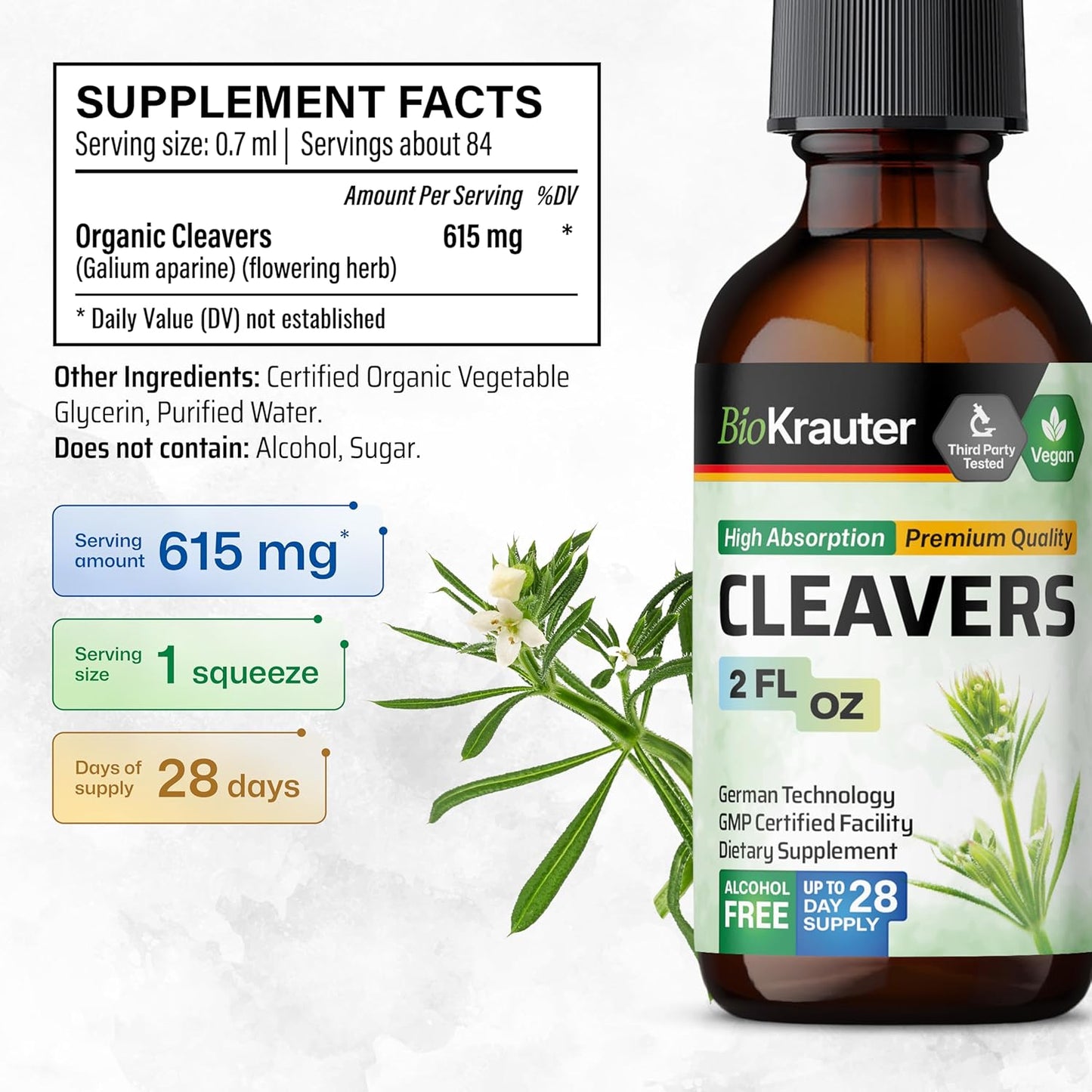 Cleavers Herb Liquid Extract - Natural Detox Tincture - Vegan, Alcohol & Sugar Free - 2 Fl.Oz.