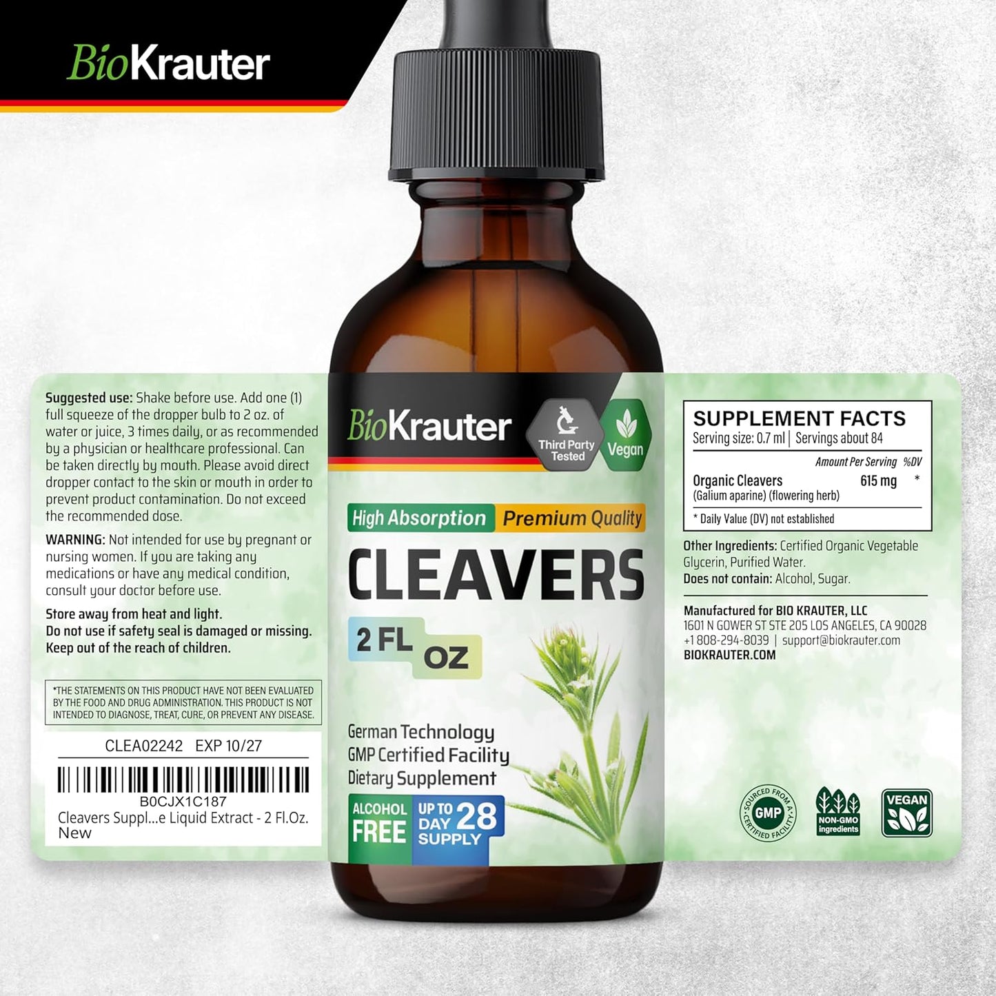 Cleavers Herb Liquid Extract - Natural Detox Tincture - Vegan, Alcohol & Sugar Free - 2 Fl.Oz.