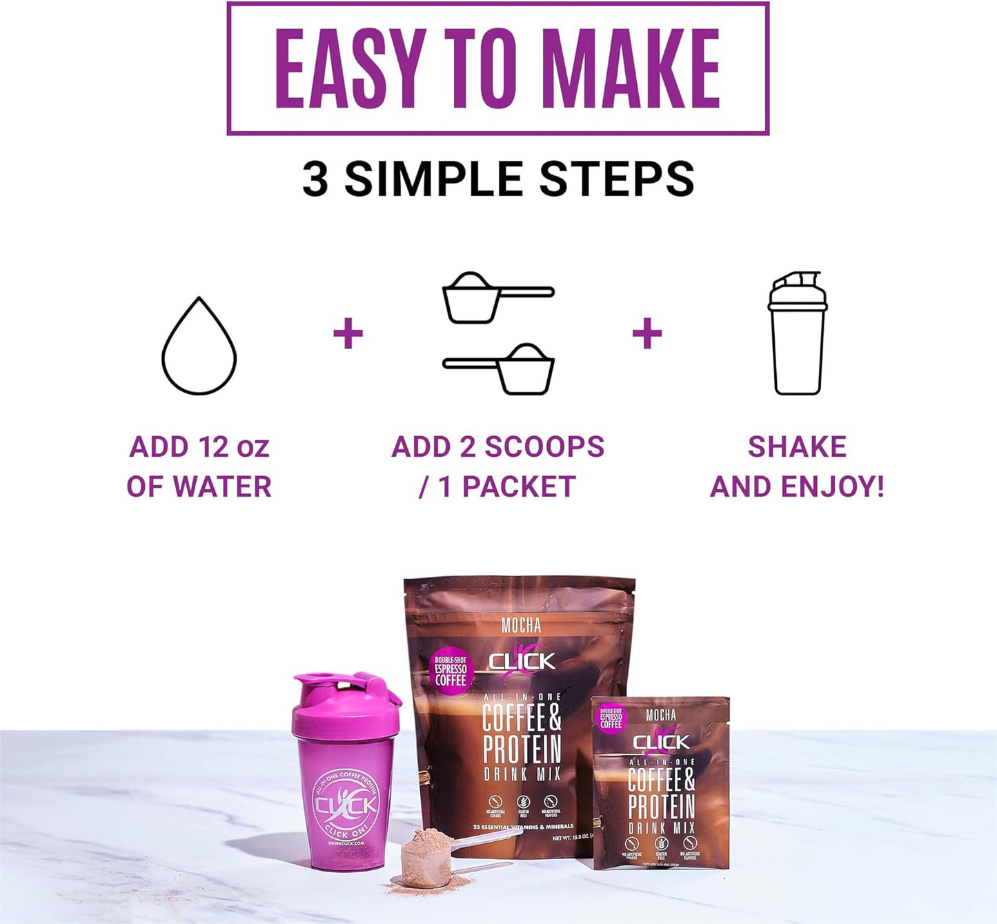 Click Coffee Protein: All-in-One Meal Replacement Nutrition Drink with Real Coffee, Mocha Flavor, 23 Vitamins, Double Shot Espresso, Hot or Cold - 15.8oz