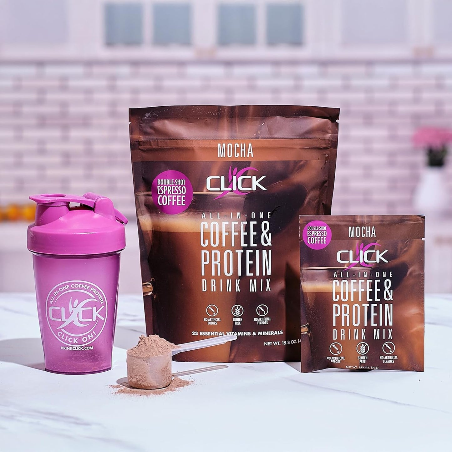 Click Coffee Protein: All-in-One Meal Replacement Nutrition Drink with Real Coffee, Mocha Flavor, 23 Vitamins, Double Shot Espresso, Hot or Cold - 15.8oz