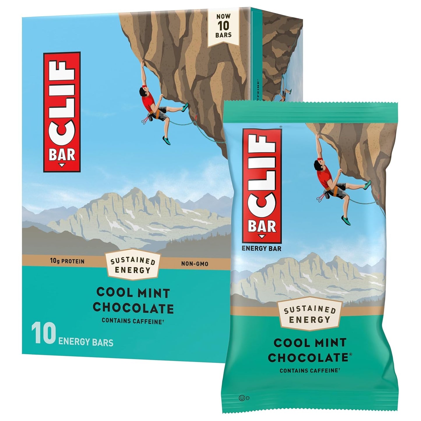 CLIF BAR Cool Mint Chocolate Caffeine Energy Bars with Organic Oats, Non-GMO Plant Based Protein (10 Pack)