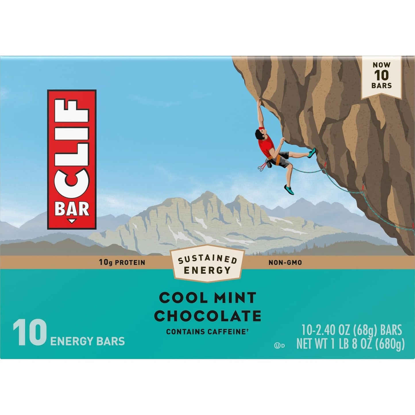 CLIF BAR Cool Mint Chocolate Caffeine Energy Bars with Organic Oats, Non-GMO Plant Based Protein (10 Pack)
