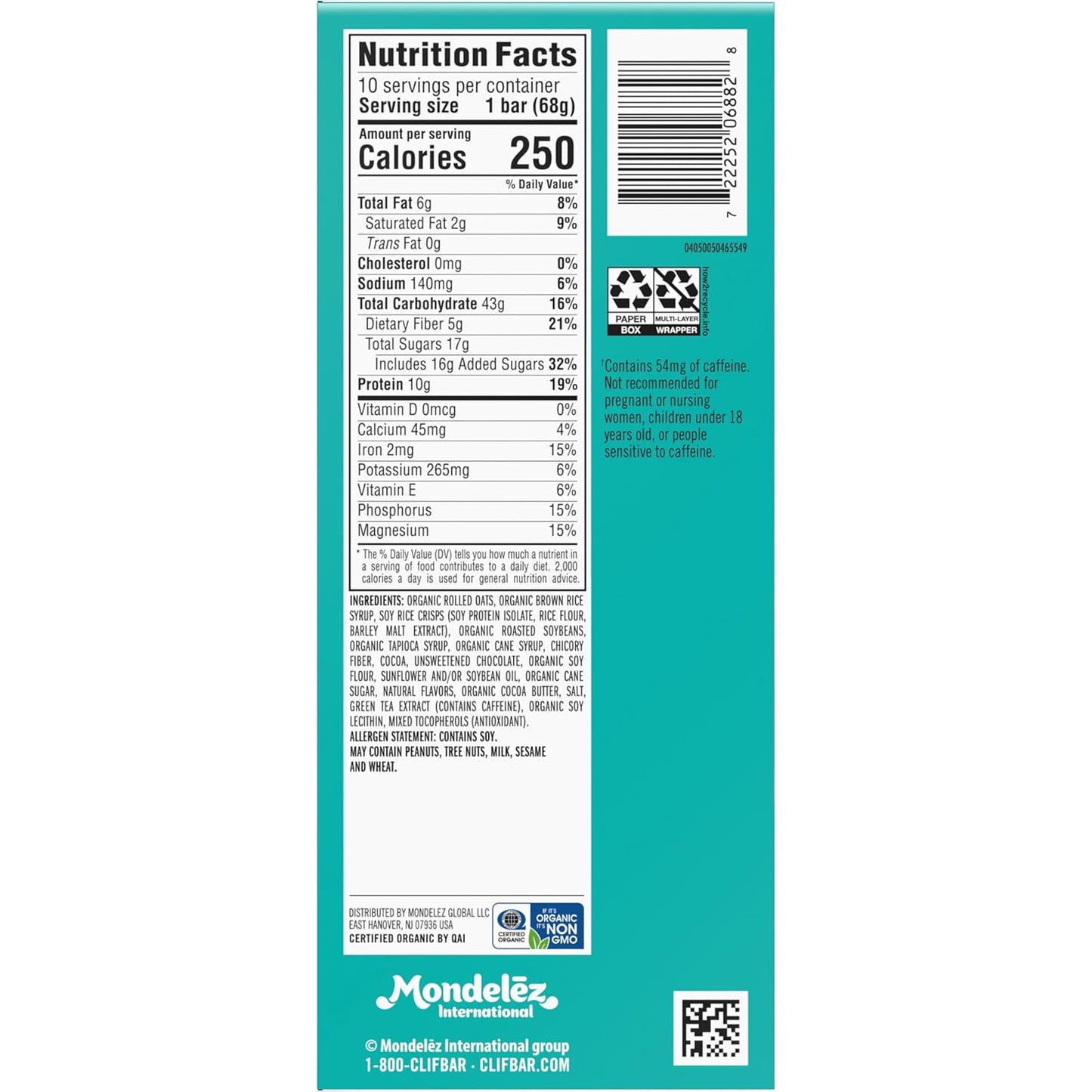 CLIF BAR Cool Mint Chocolate Caffeine Energy Bars with Organic Oats, Non-GMO Plant Based Protein (10 Pack)