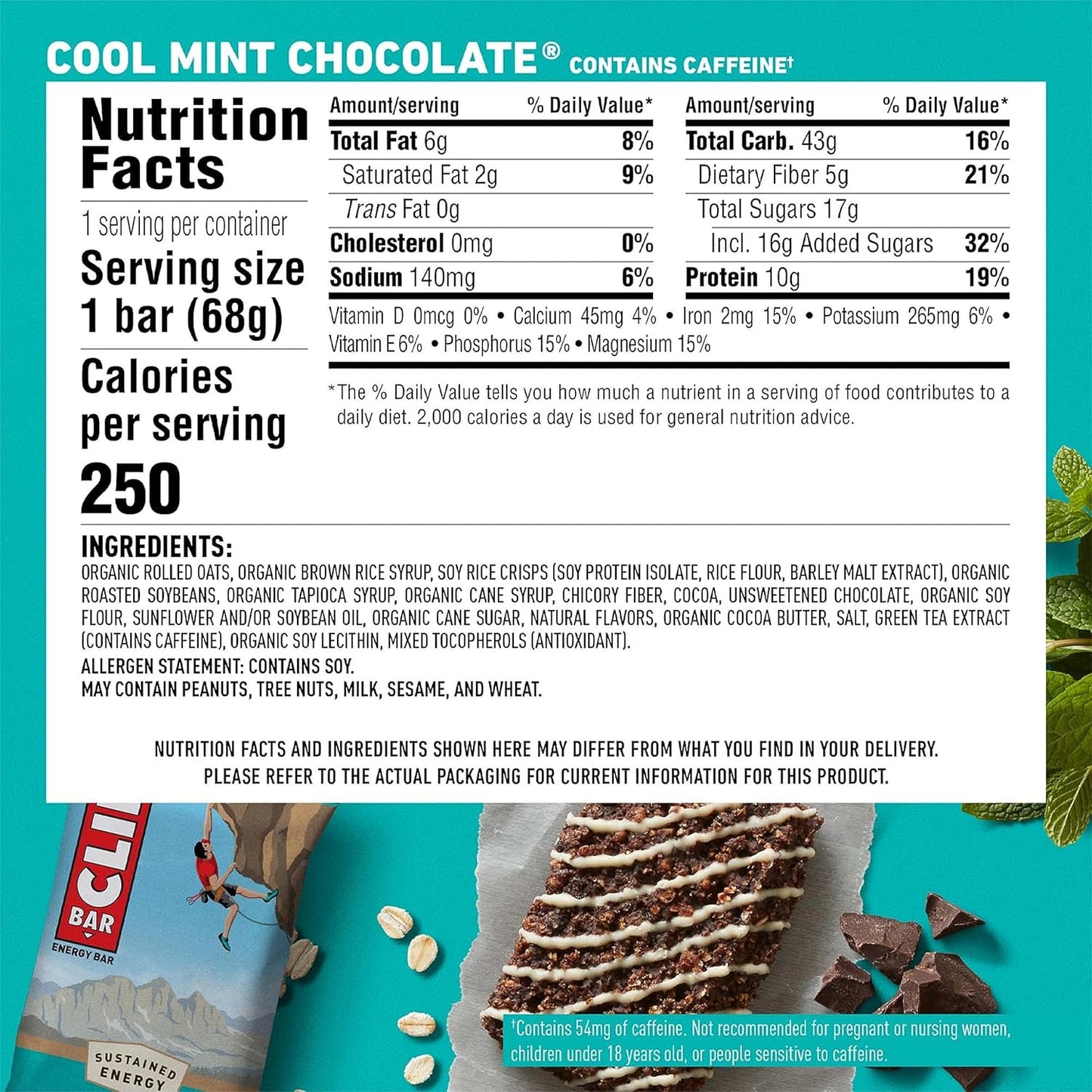 CLIF BAR Cool Mint Chocolate Caffeine Energy Bars with Organic Oats, Non-GMO Plant Based Protein (10 Pack)