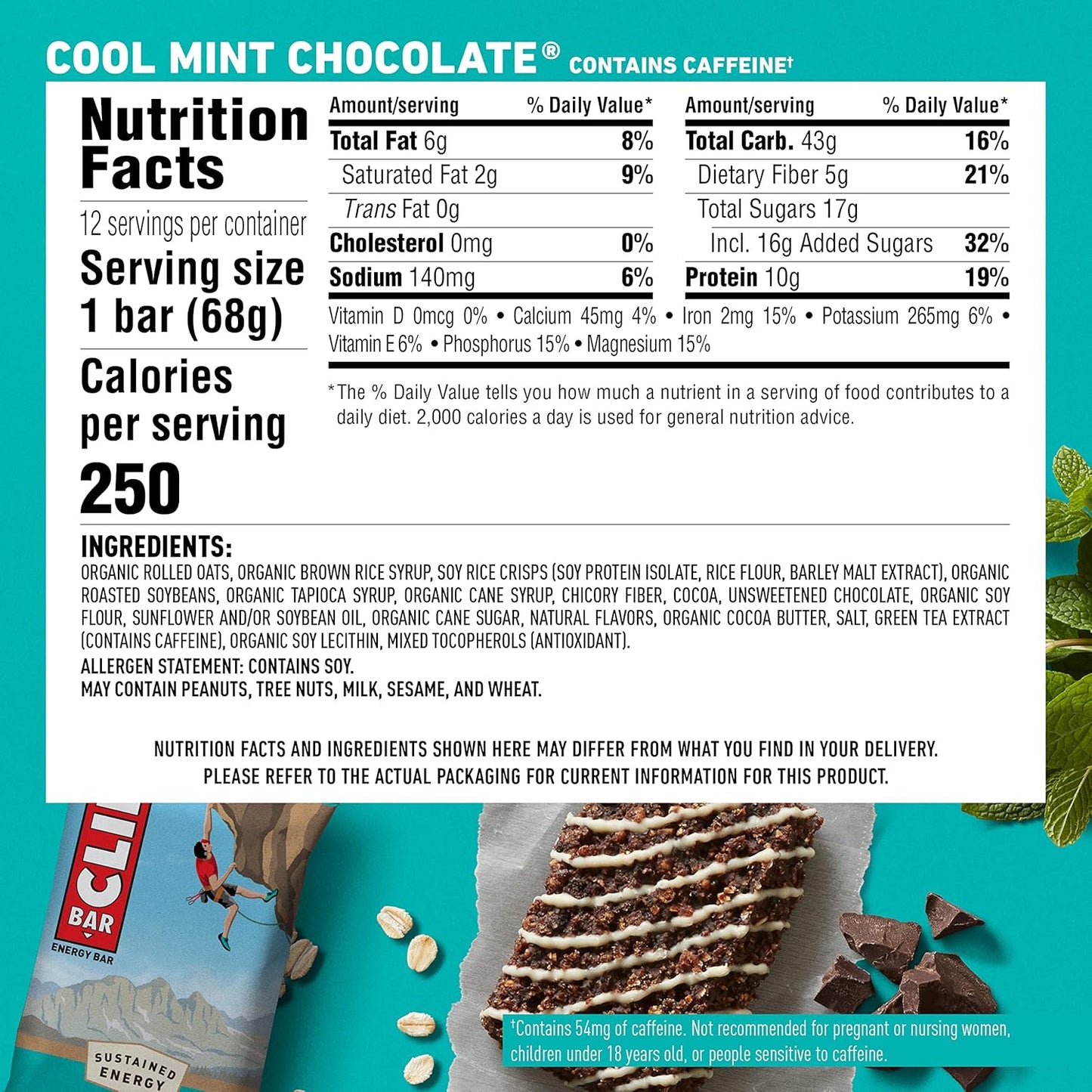 CLIF BARS Cool Mint Chocolate Energy Bars with Caffeine - Organic Oats, Plant Based, Vegetarian, Kosher - 2.4 oz Protein Bars, 12 Count