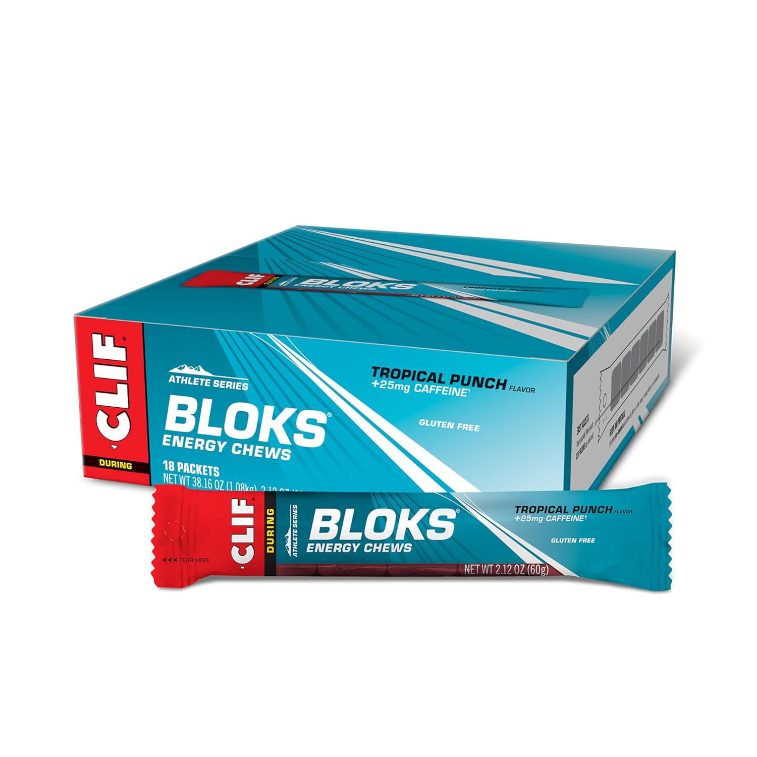 CLIF BLOKS Energy Chews - Tropical Punch Flavor with Caffeine - Non-GMO - Plant Based - Fast Fuel for Cycling and Running - Includes Carbohydrates and Electrolytes - 2.12 oz (18 Count)