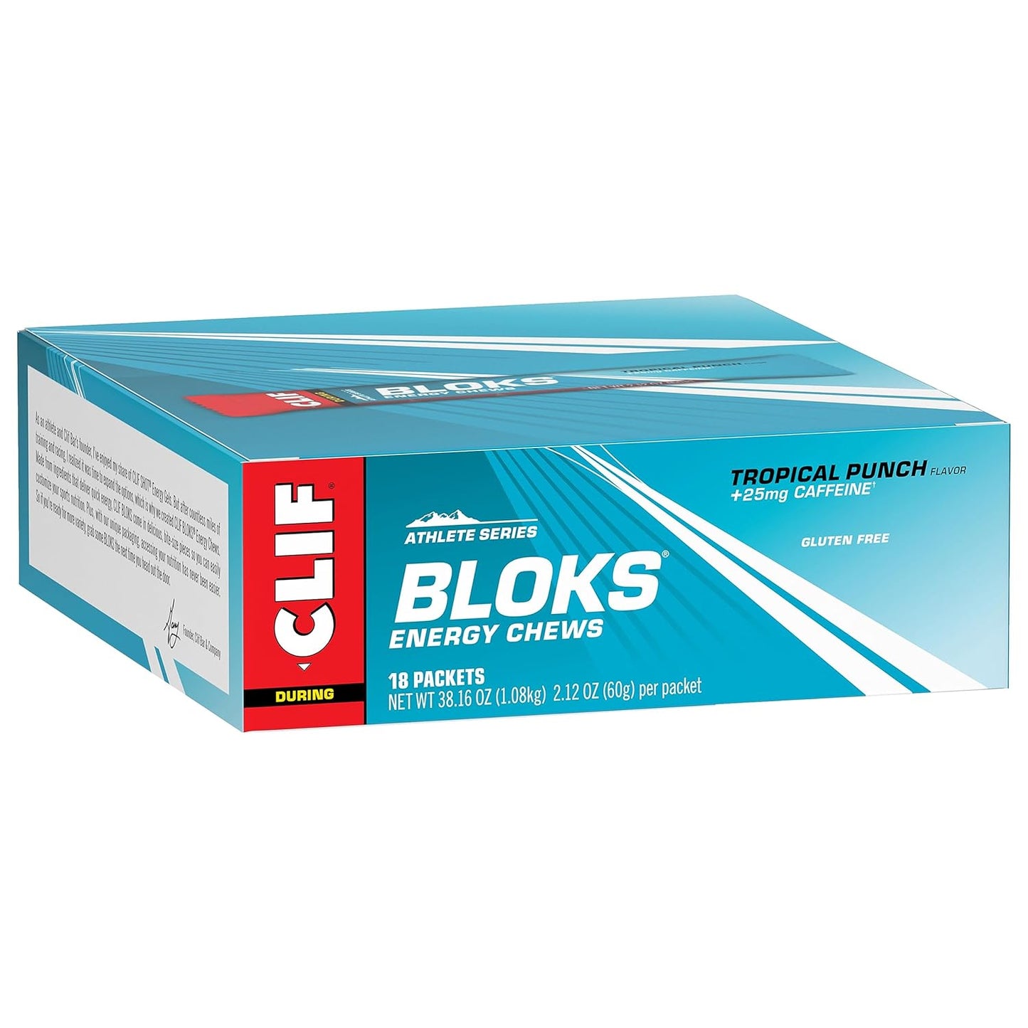 CLIF BLOKS Energy Chews - Tropical Punch Flavor with Caffeine - Non-GMO - Plant Based - Fast Fuel for Cycling and Running - Includes Carbohydrates and Electrolytes - 2.12 oz (18 Count)