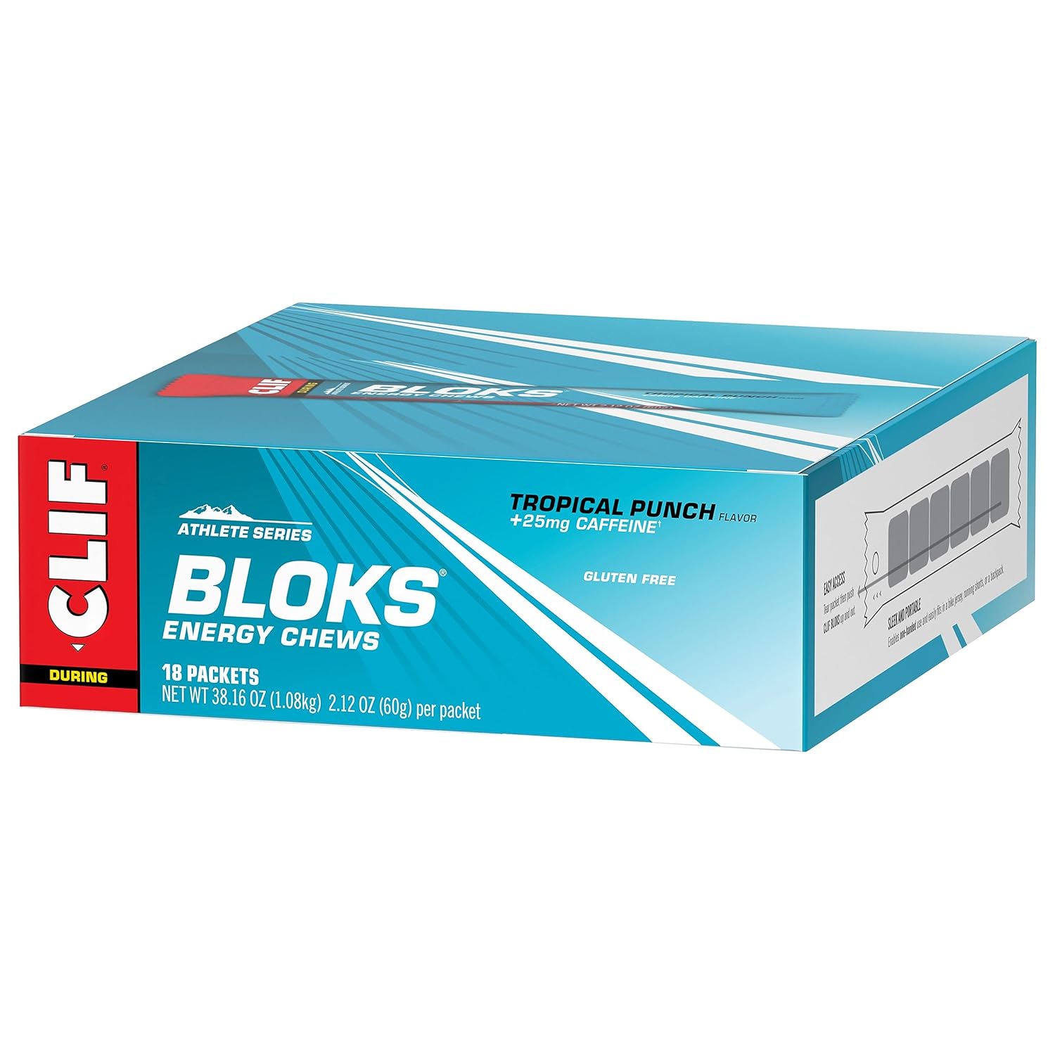 CLIF BLOKS Energy Chews - Tropical Punch Flavor with Caffeine - Non-GMO - Plant Based - Fast Fuel for Cycling and Running - Includes Carbohydrates and Electrolytes - 2.12 oz (18 Count)