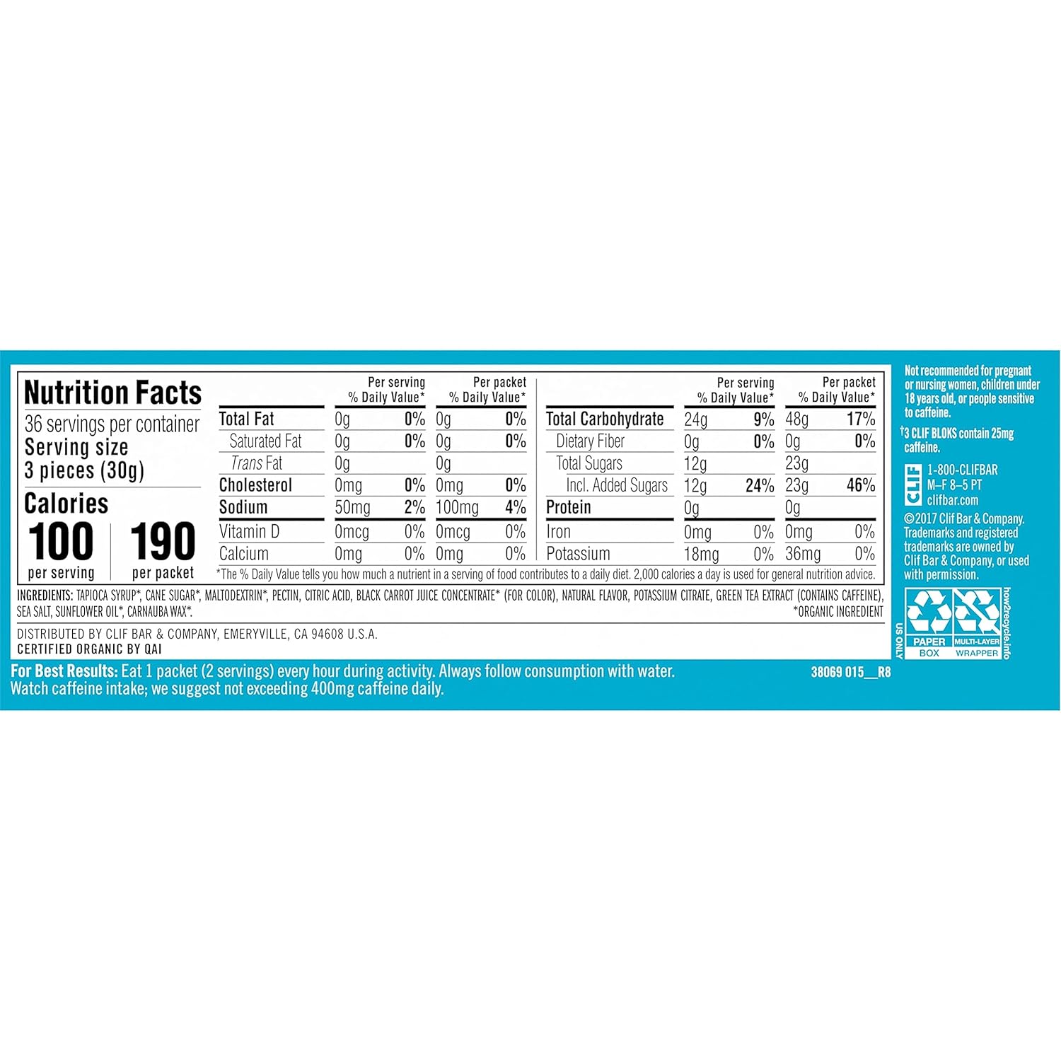 CLIF BLOKS Energy Chews - Tropical Punch Flavor with Caffeine - Non-GMO - Plant Based - Fast Fuel for Cycling and Running - Includes Carbohydrates and Electrolytes - 2.12 oz (18 Count)