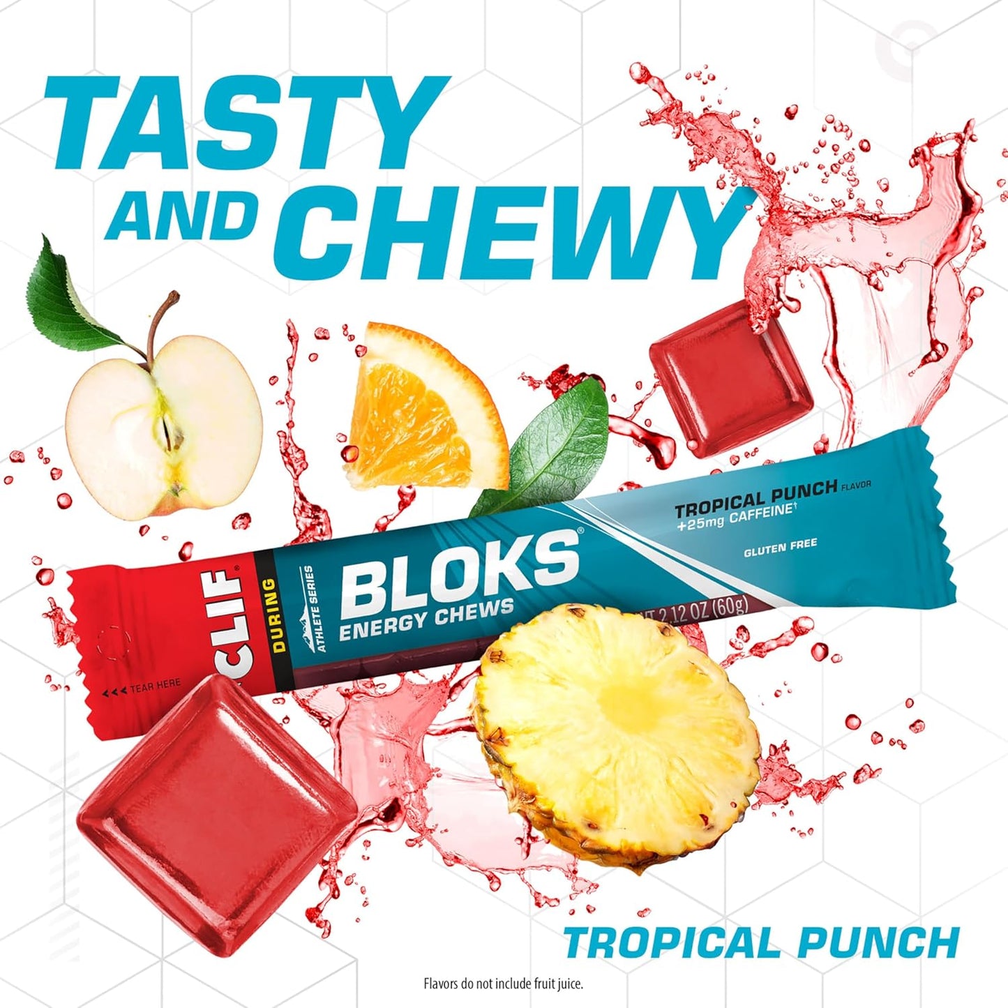 CLIF BLOKS Energy Chews - Tropical Punch Flavor with Caffeine - Non-GMO - Plant Based - Fast Fuel for Cycling and Running - Includes Carbohydrates and Electrolytes - 2.12 oz (18 Count)