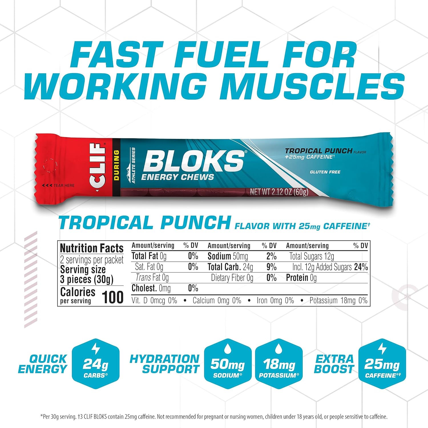 CLIF BLOKS Energy Chews - Tropical Punch Flavor with Caffeine - Non-GMO - Plant Based - Fast Fuel for Cycling and Running - Includes Carbohydrates and Electrolytes - 2.12 oz (18 Count)