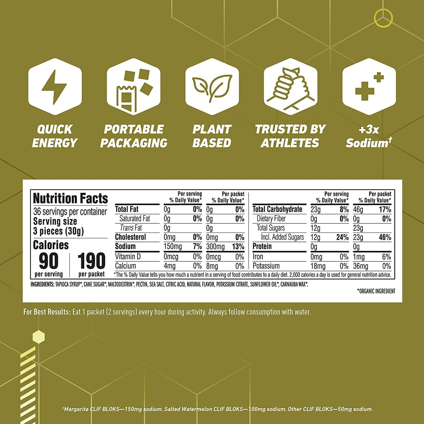 CLIF BLOKS Margarita with Salt Energy Chews 3X Sodium Electrolytes Cycling Running Snack (2.1oz, 3 Pack)