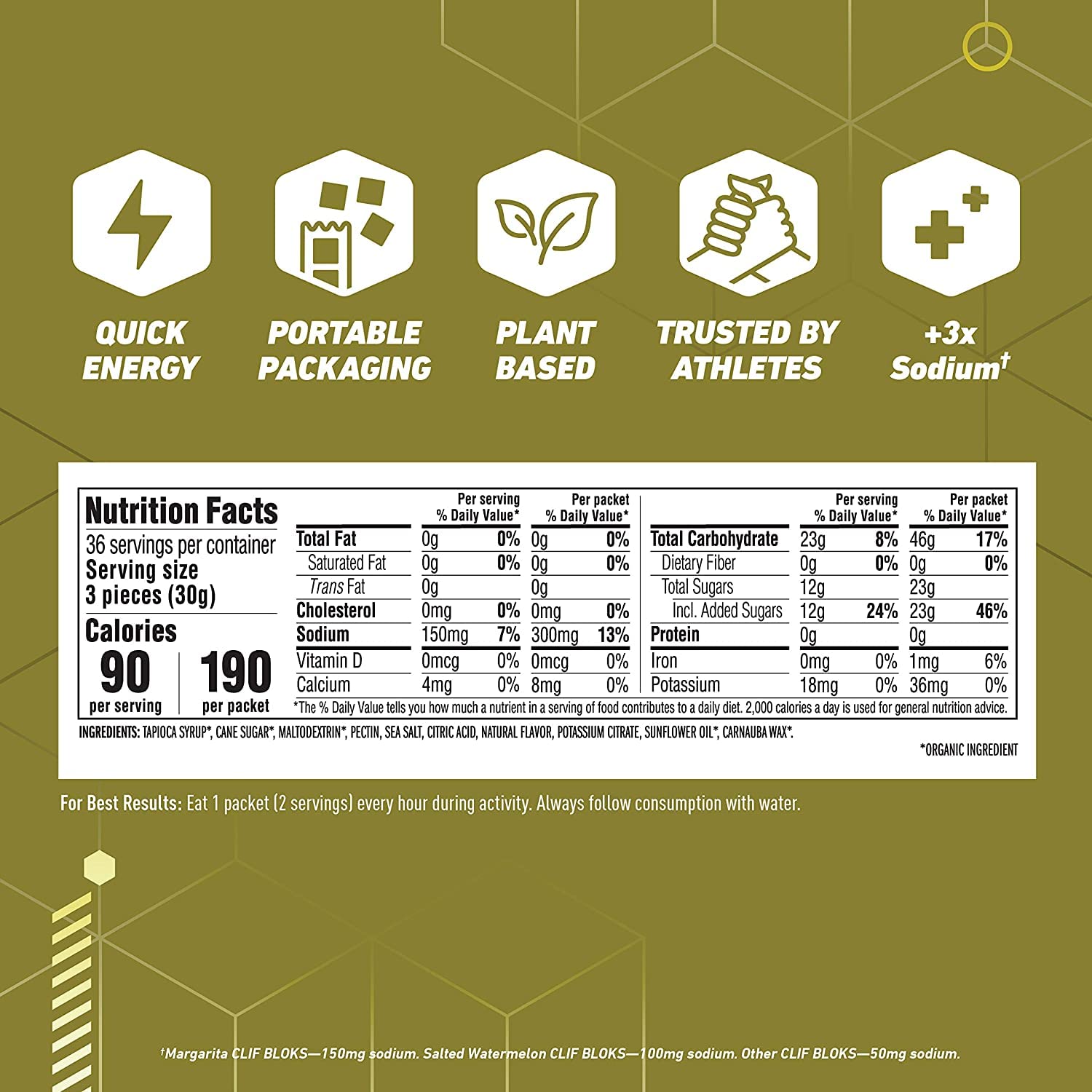 CLIF BLOKS Margarita with Salt Energy Chews 3X Sodium Electrolytes Cycling Running Snack (2.1oz, 3 Pack)