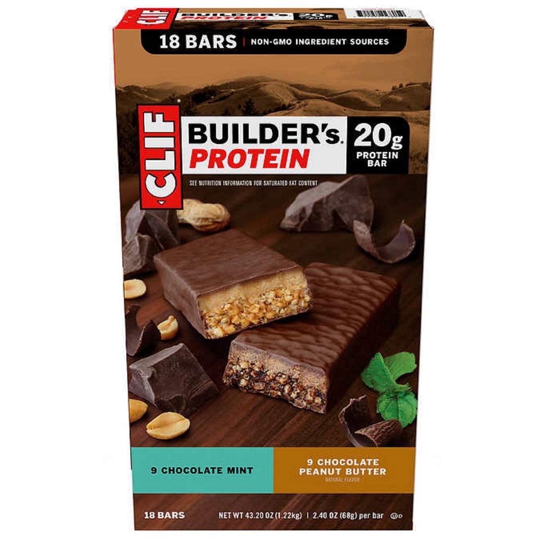 Clif Builder's Chocolate Protein Bars, 2.4 oz, 18 Bars/Box - Protein-Rich Snack for Energy Boosts