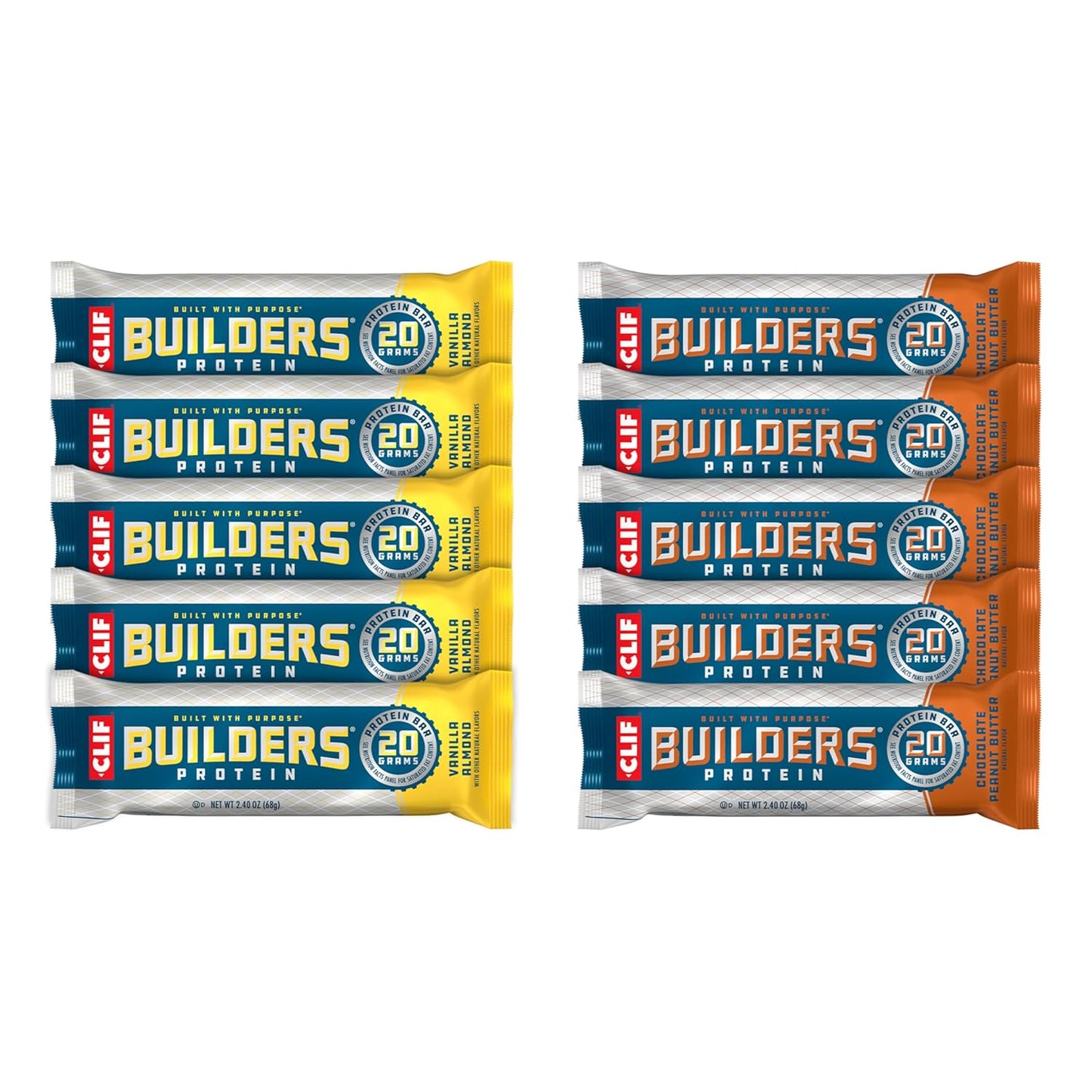 CLIF Builders Protein Bars Variety Pack - Chocolate Peanut Butter & Vanilla Almond Flavors - Plant Based, Gluten Free, Non-GMO - 20g Protein, Low Glycemic - 2.4 oz Bars (10 Count)
