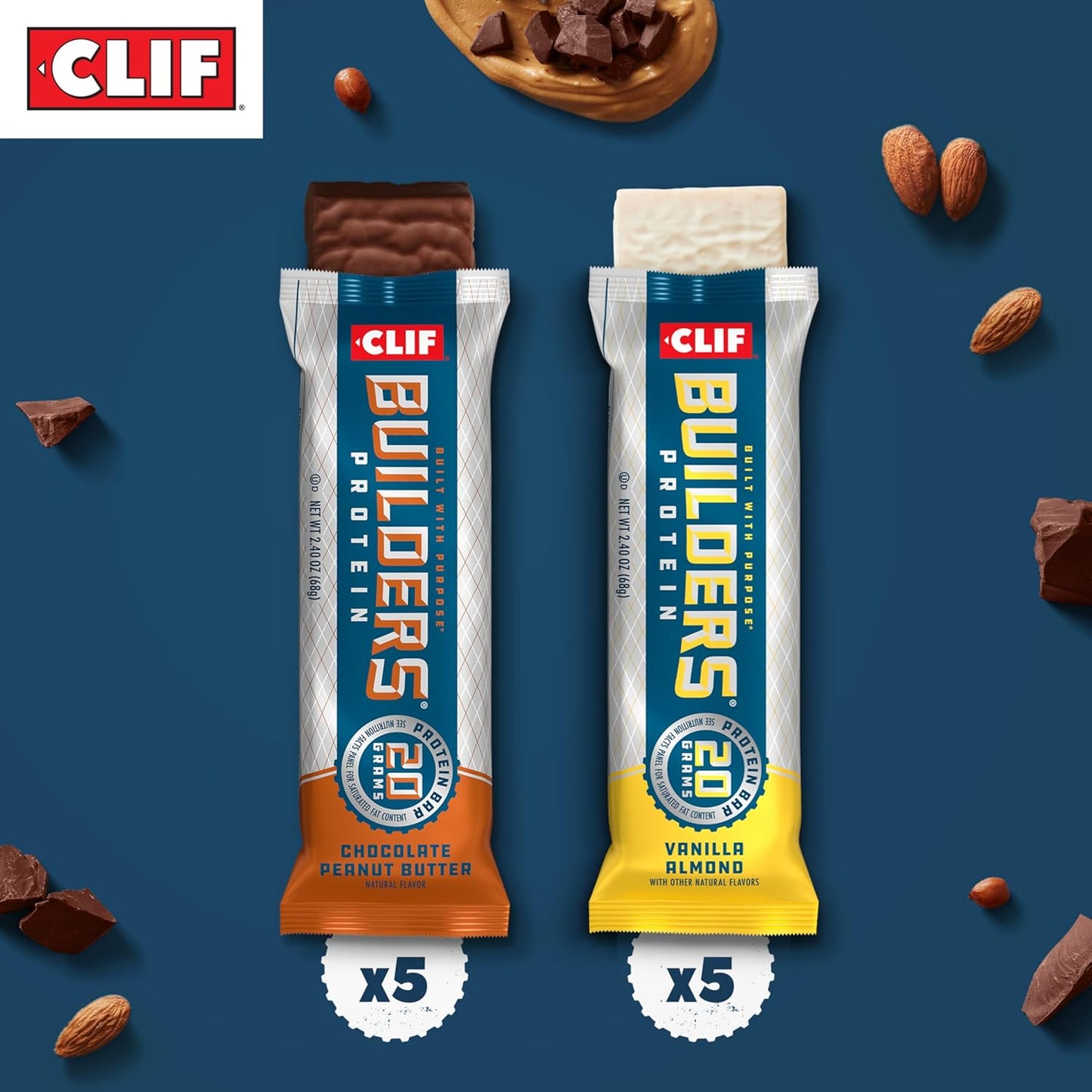 CLIF Builders Protein Bars Variety Pack - Chocolate Peanut Butter & Vanilla Almond Flavors - Plant Based, Gluten Free, Non-GMO - 20g Protein, Low Glycemic - 2.4 oz Bars (10 Count)