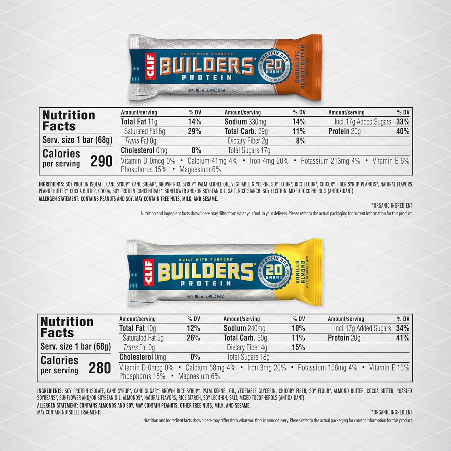 CLIF Builders Protein Bars Variety Pack - Chocolate Peanut Butter & Vanilla Almond Flavors - Plant Based, Gluten Free, Non-GMO - 20g Protein, Low Glycemic - 2.4 oz Bars (10 Count)