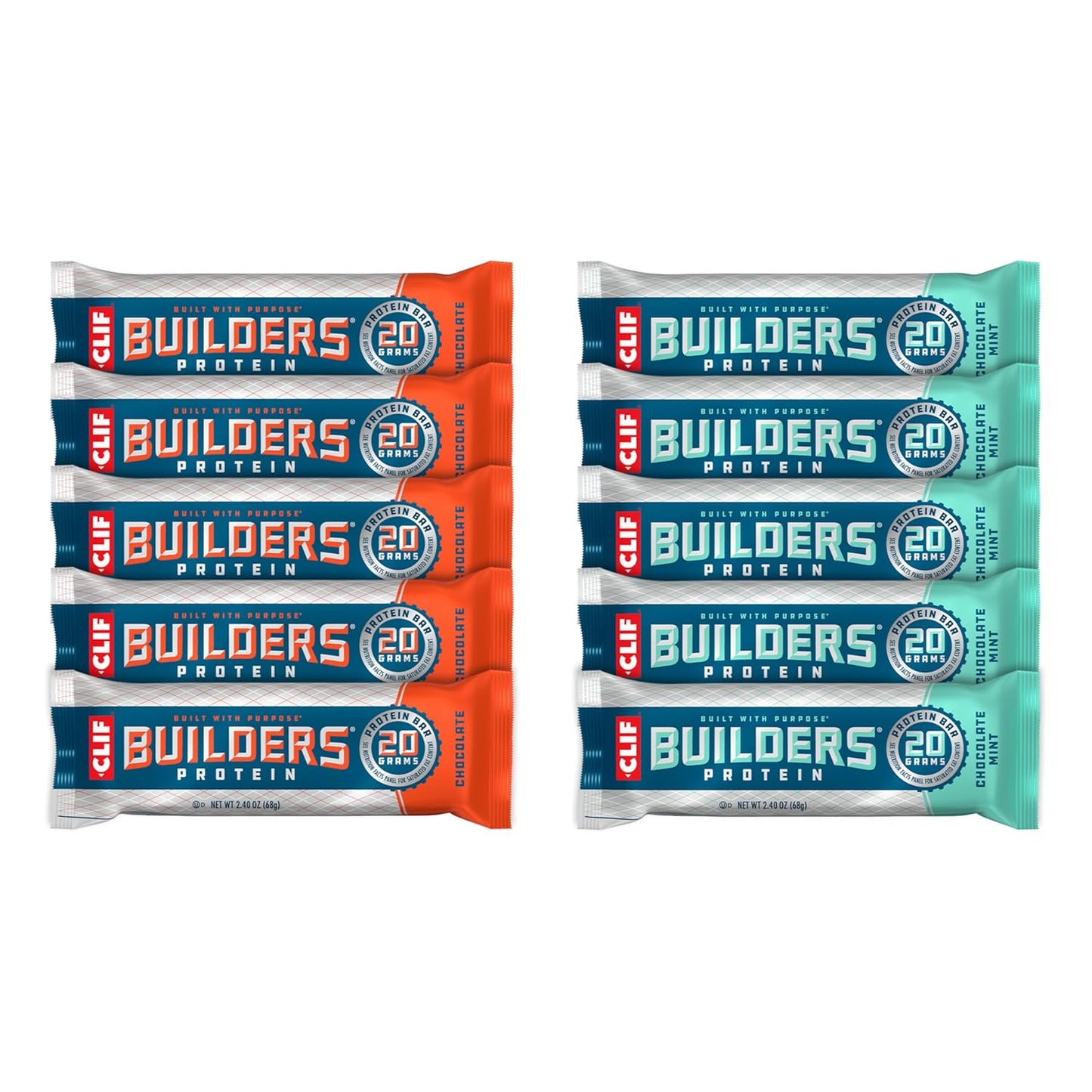 CLIF Builders Variety Pack - Chocolate Mint and Chocolate Flavor - Plant Based Protein Bars - Gluten Free - Non-GMO - Low Glycemic - 20g Protein - 10 Count