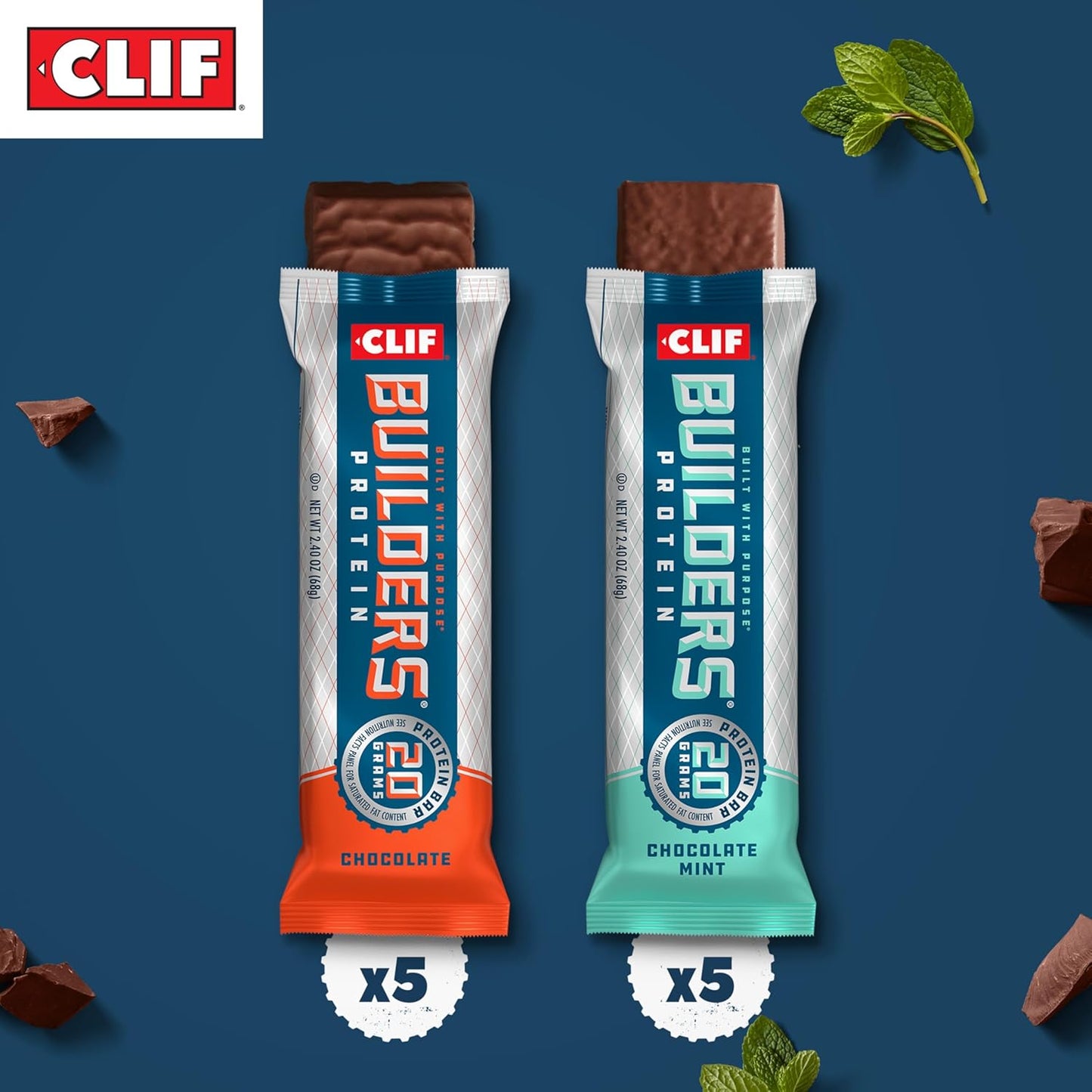 CLIF Builders Variety Pack - Chocolate Mint and Chocolate Flavor - Plant Based Protein Bars - Gluten Free - Non-GMO - Low Glycemic - 20g Protein - 10 Count