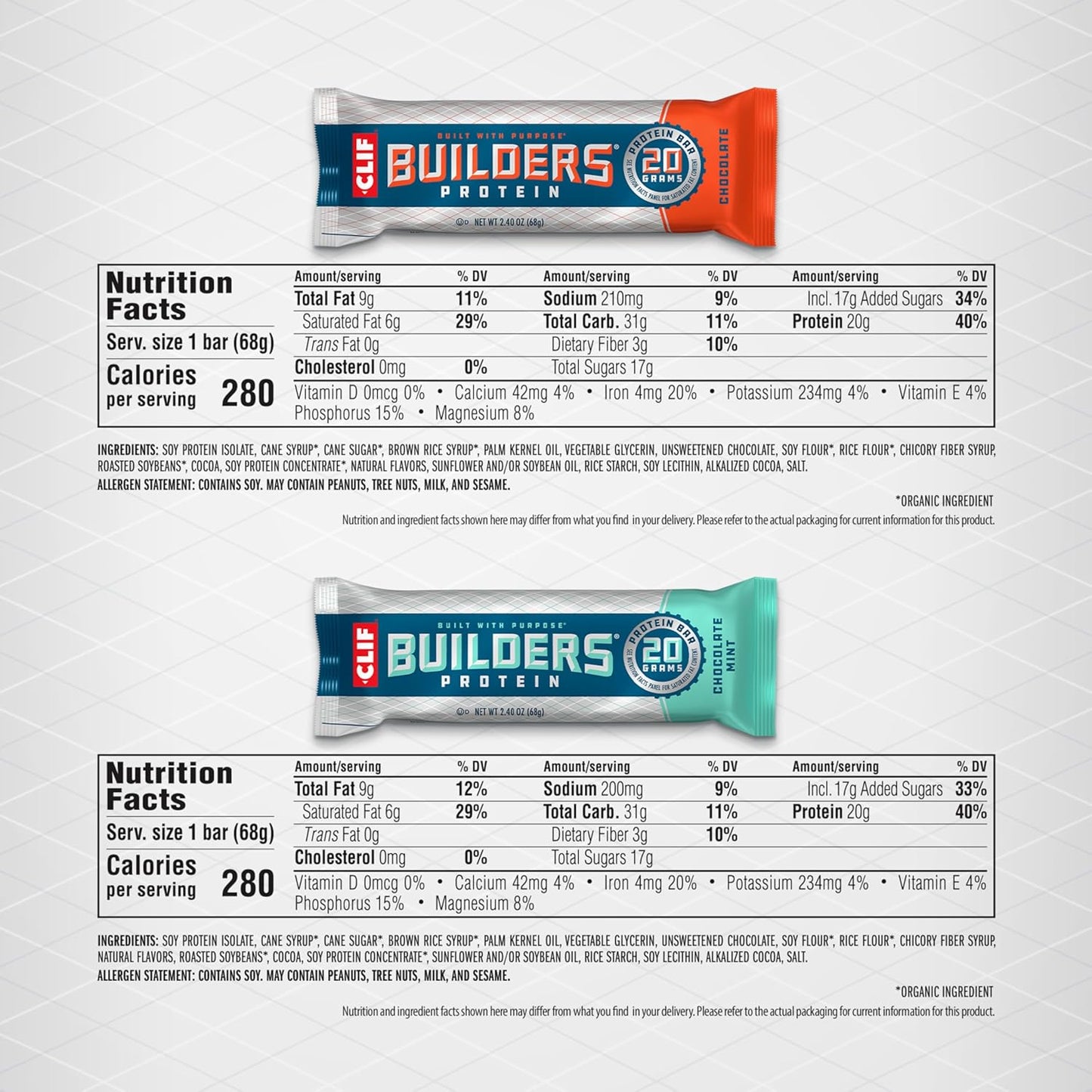 CLIF Builders Variety Pack - Chocolate Mint and Chocolate Flavor - Plant Based Protein Bars - Gluten Free - Non-GMO - Low Glycemic - 20g Protein - 10 Count