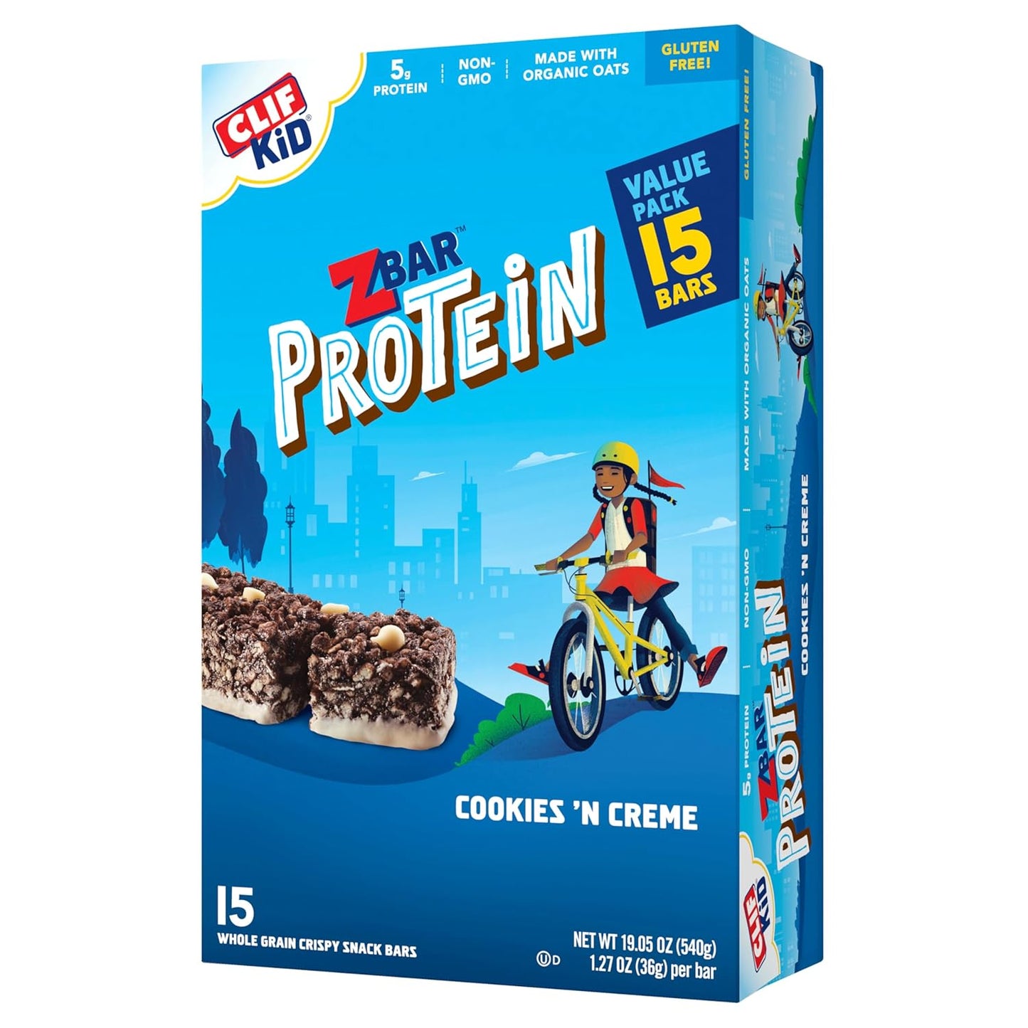 Clif Kid ZBar Protein Bars - Cookies 'n Creme Flavor - Crispy Snack Bars - Organic Oats - Non-GMO - 5g Protein - Gluten-Free (15 Pack)