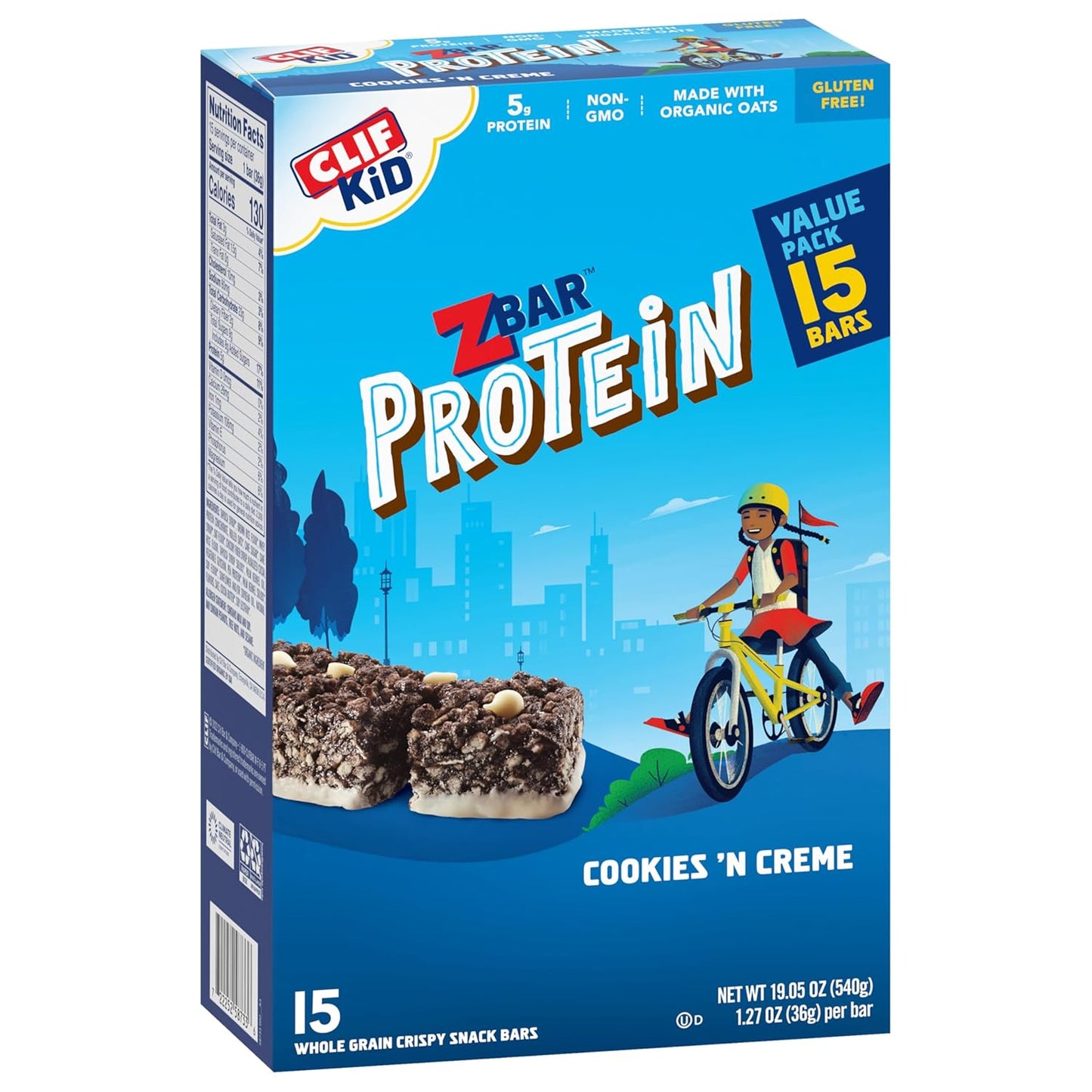 Clif Kid ZBar Protein Bars - Cookies 'n Creme Flavor - Crispy Snack Bars - Organic Oats - Non-GMO - 5g Protein - Gluten-Free (15 Pack)