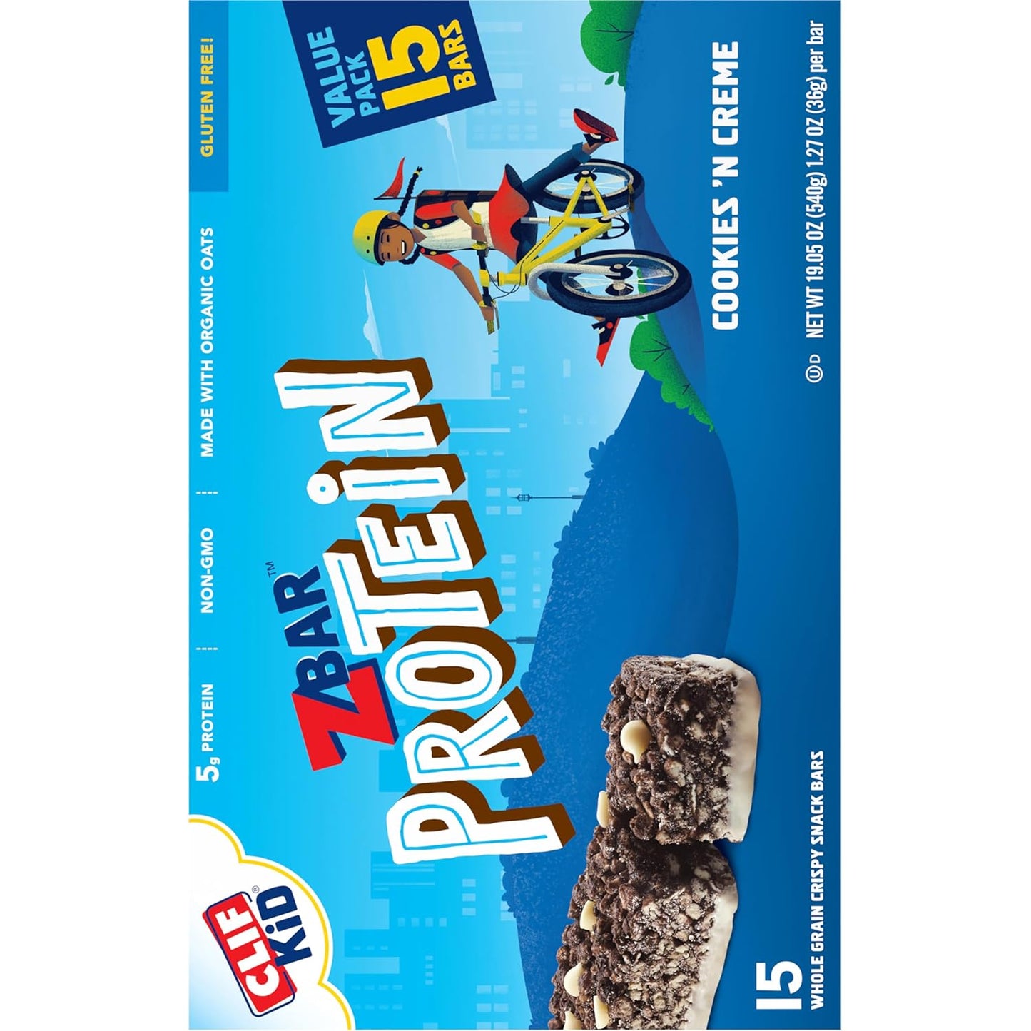 Clif Kid ZBar Protein Bars - Cookies 'n Creme Flavor - Crispy Snack Bars - Organic Oats - Non-GMO - 5g Protein - Gluten-Free (15 Pack)