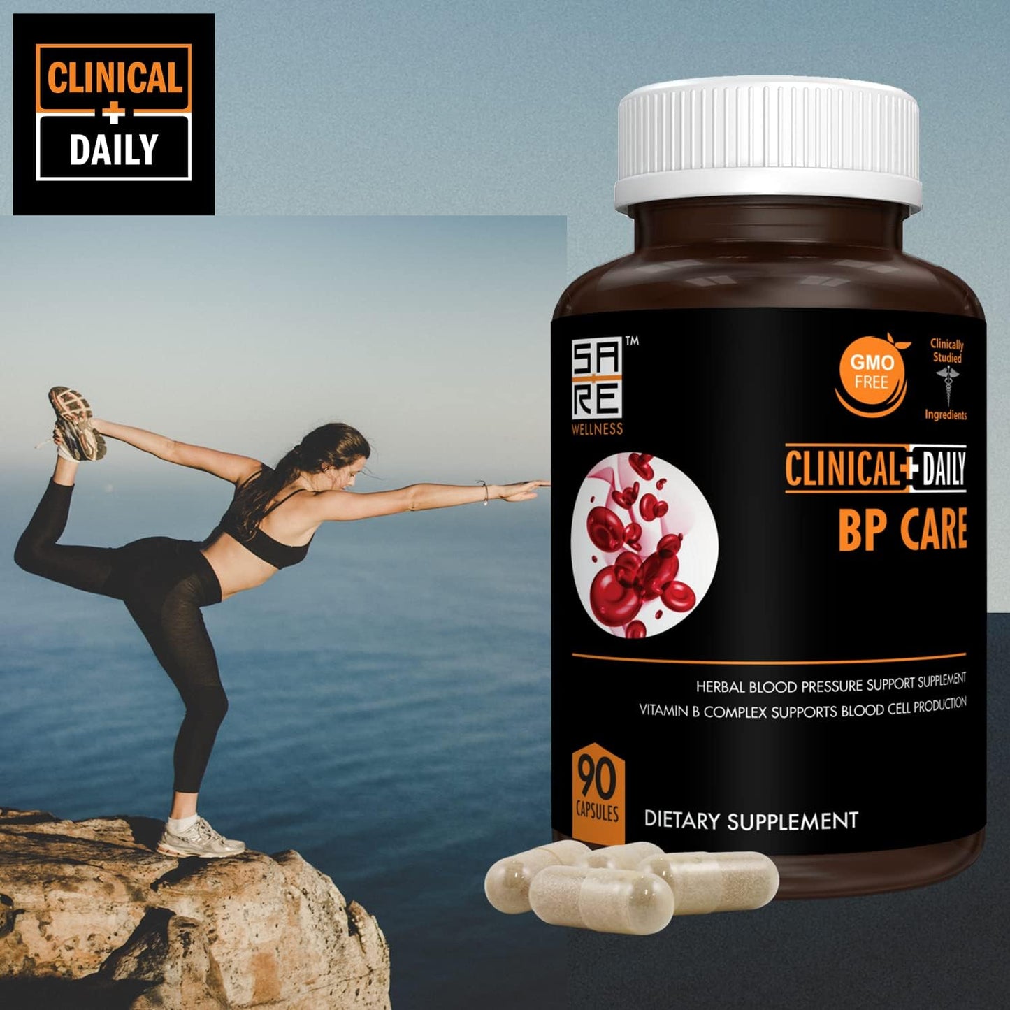 Clinical Daily Blood Pressure Support - Natural Hawthorne Berry Supplement with Folic Acid, Niacin, Garlic, and Vitamins for Heart Health - 90 Capsules
