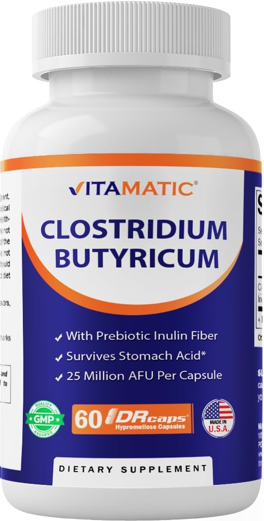 Clostridium butyricum 25 Million DR Capsules for Gut Health with Prebiotic Inulin Fiber - 60 Capsules