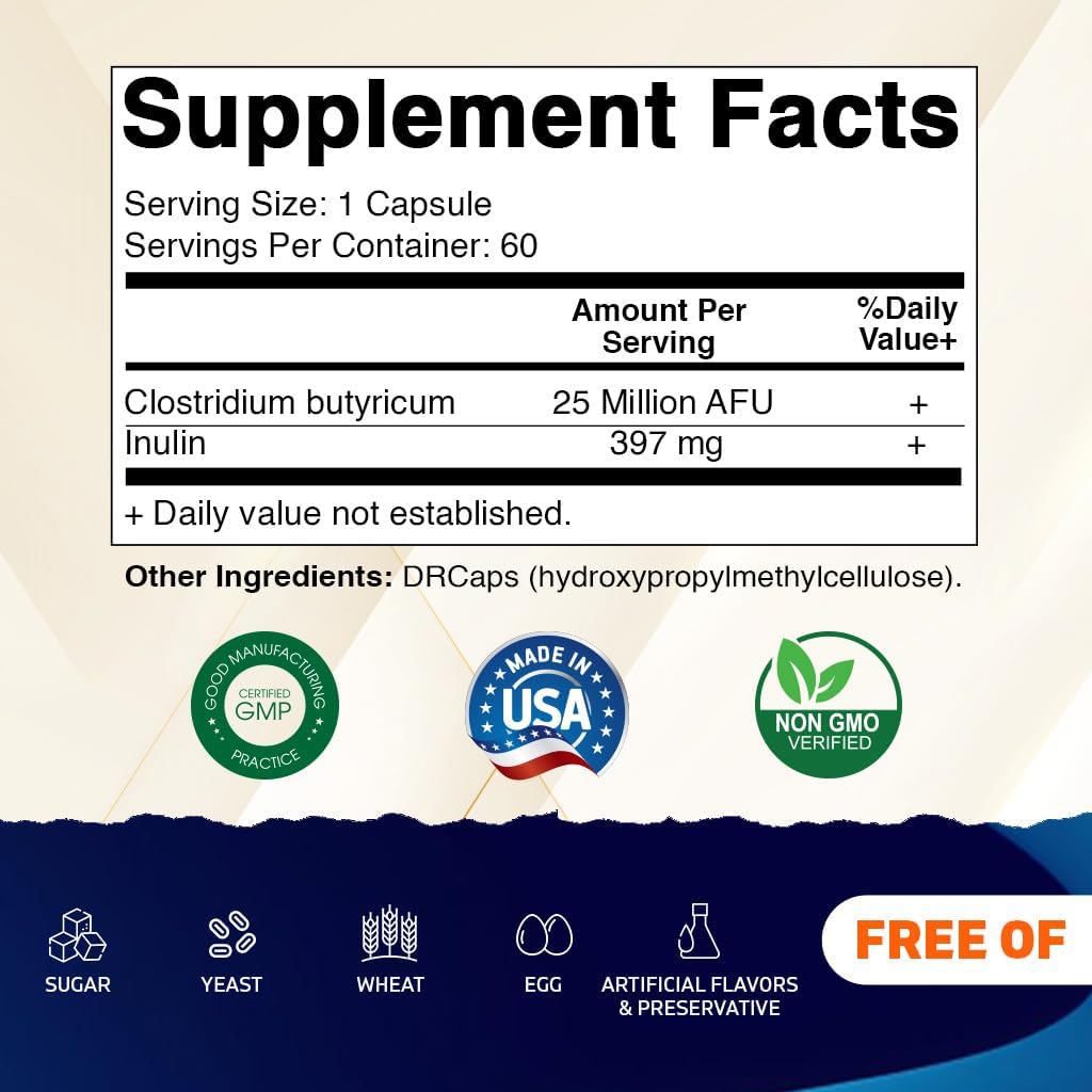 Clostridium butyricum 25 Million DR Capsules for Gut Health with Prebiotic Inulin Fiber - 60 Capsules