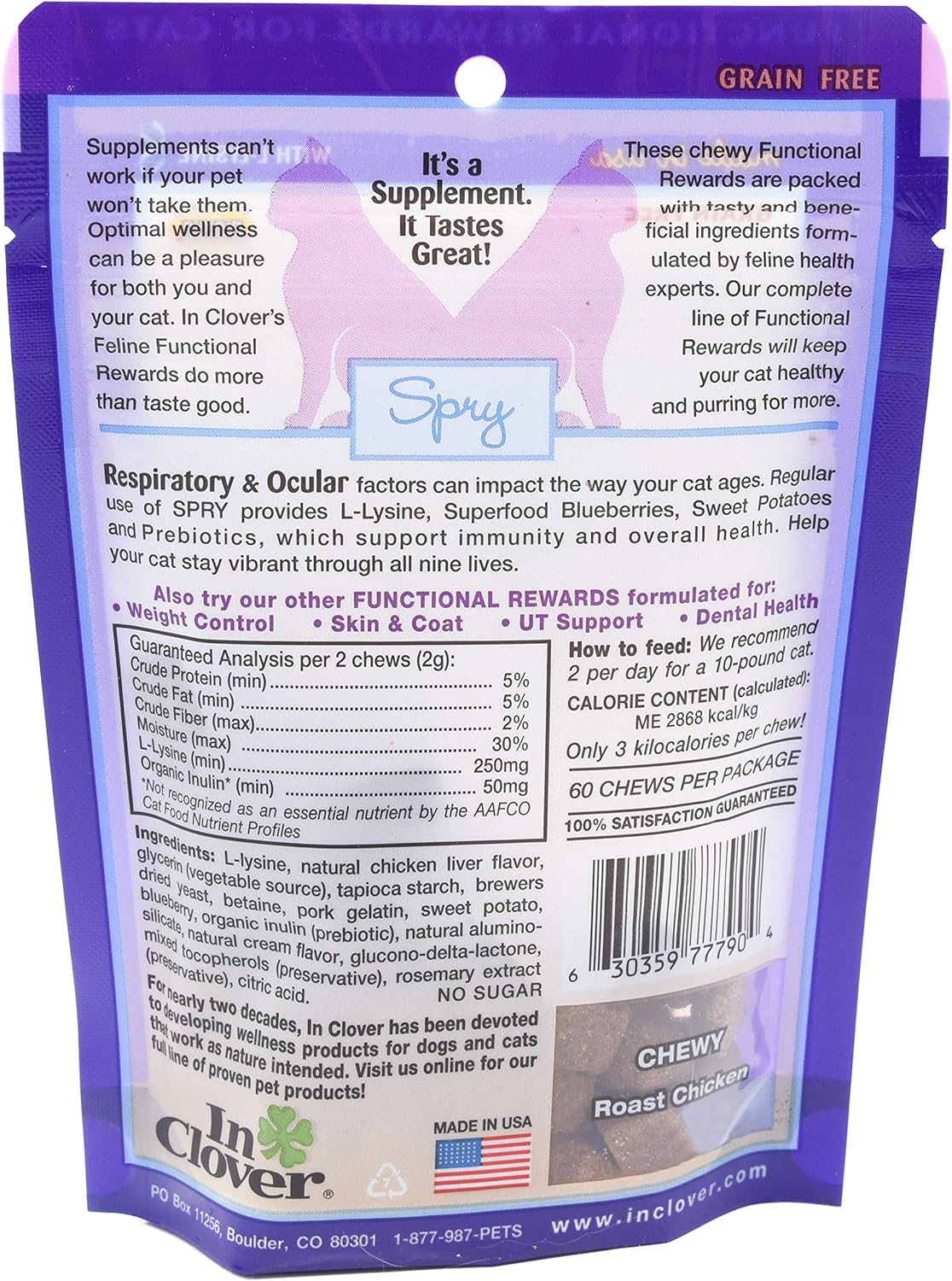 Clover Spry Cat Soft Chews with L-Lysine, Superfoods, Prebiotics - Daily Respiratory & Ocular Support for Strong Immune System - 2.1 oz (60 Count)