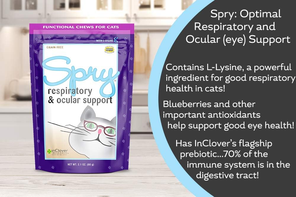 Clover Spry Cat Soft Chews with L-Lysine, Superfoods, Prebiotics - Daily Respiratory & Ocular Support for Strong Immune System - 2.1 oz (60 Count)
