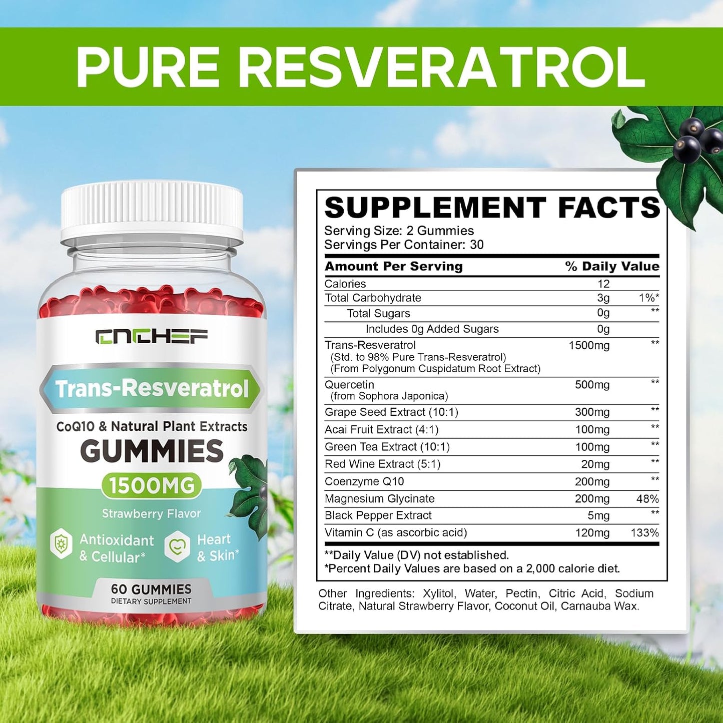 CNCHEF Trans-Resveratrol Gummies 1500mg with Quercetin, CoQ10, and Vitamin C - Antioxidant Supplement for Immune Support, Energy, and Joint Health - Sugar-Free Strawberry Flavor