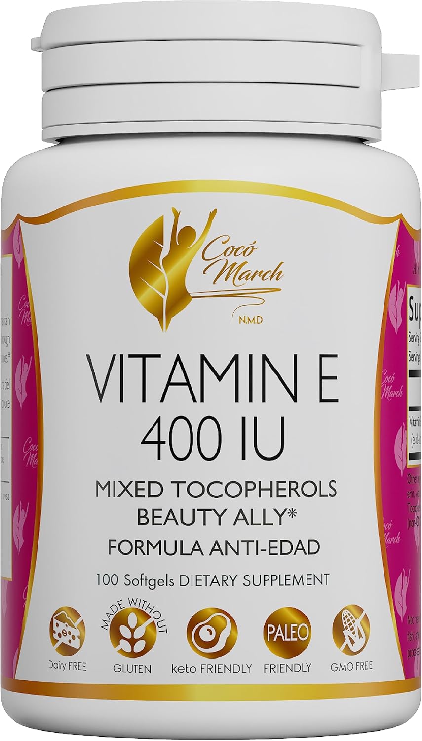 Cocó March Natural Vitamin E 400 IU Softgels - Mixed Tocopherols, Beauty Support - 3 Month Supply, Gluten-Free, Paleo, Dairy-Free, Keto - 100 Softgels