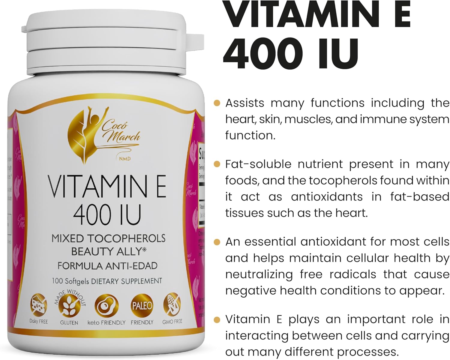 Cocó March Natural Vitamin E 400 IU Softgels - Mixed Tocopherols, Beauty Support - 3 Month Supply, Gluten-Free, Paleo, Dairy-Free, Keto - 100 Softgels